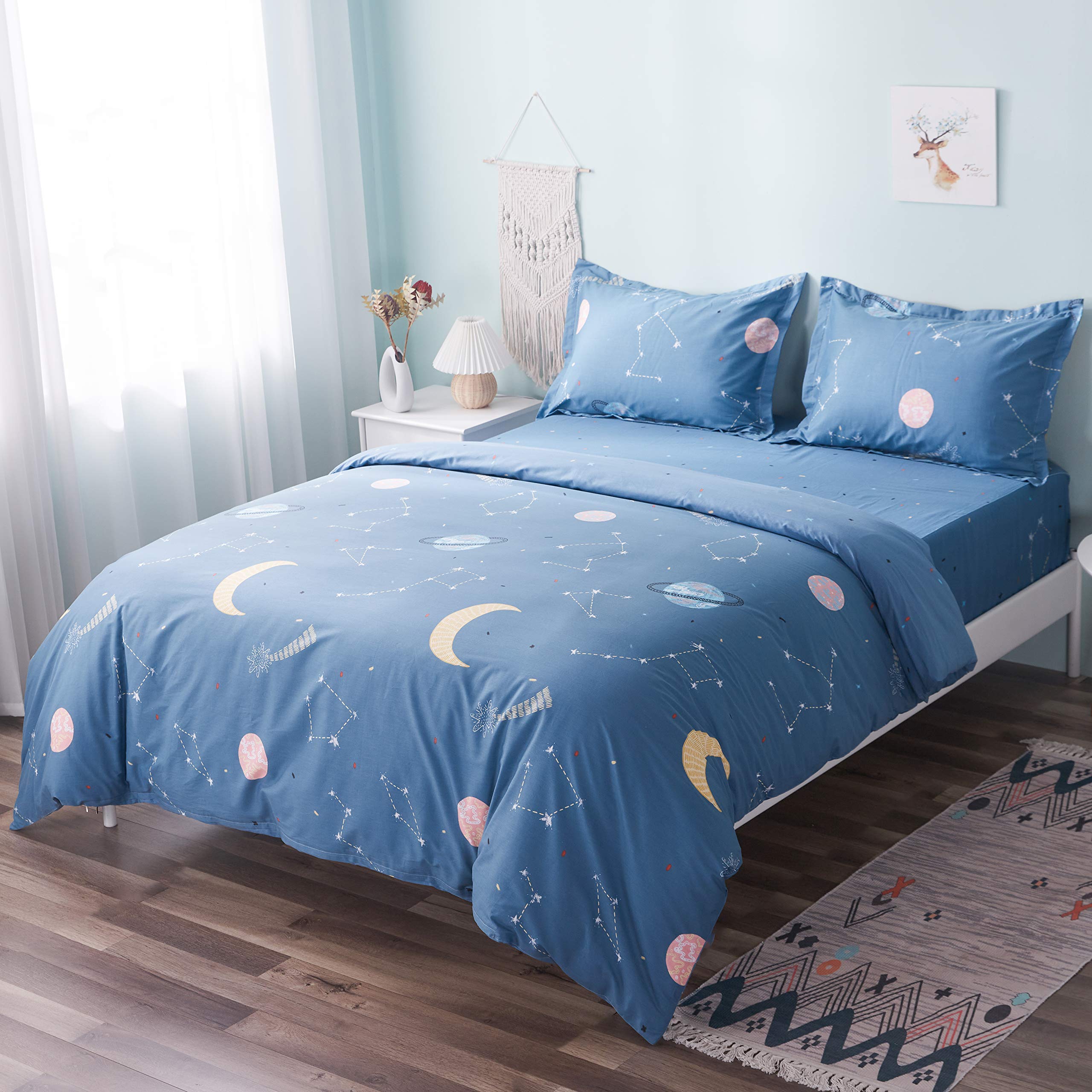 FADFAY Outer Space Kids Rug - Boys Planets Theme Bedroom Decor | Star Print Duvet Cover Set with 2 Pillowcases | 100% Cotton Queen Size Navy Blue Bedding | Perfect for Kids Room, Nursery & Playroom Decor