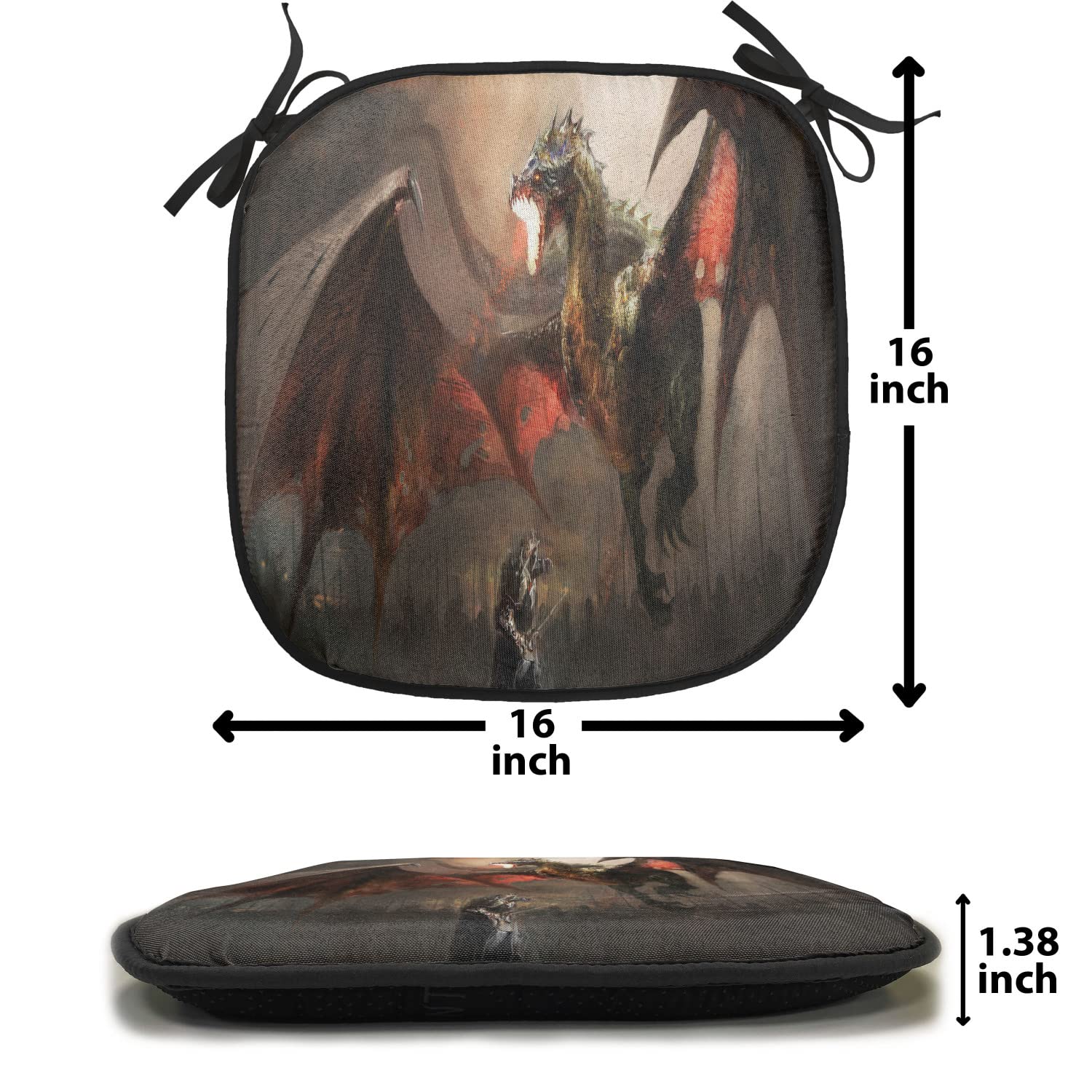 Lunarable Dragon Chair Cushion Set of 12 - Medieval Knight vs Dragon Fantasy Themed Anti-Slip Seat Pads 16x16 Inches, Orange & Brown - Perfect for Kitchen, Dining Room & Patio Furniture Decor