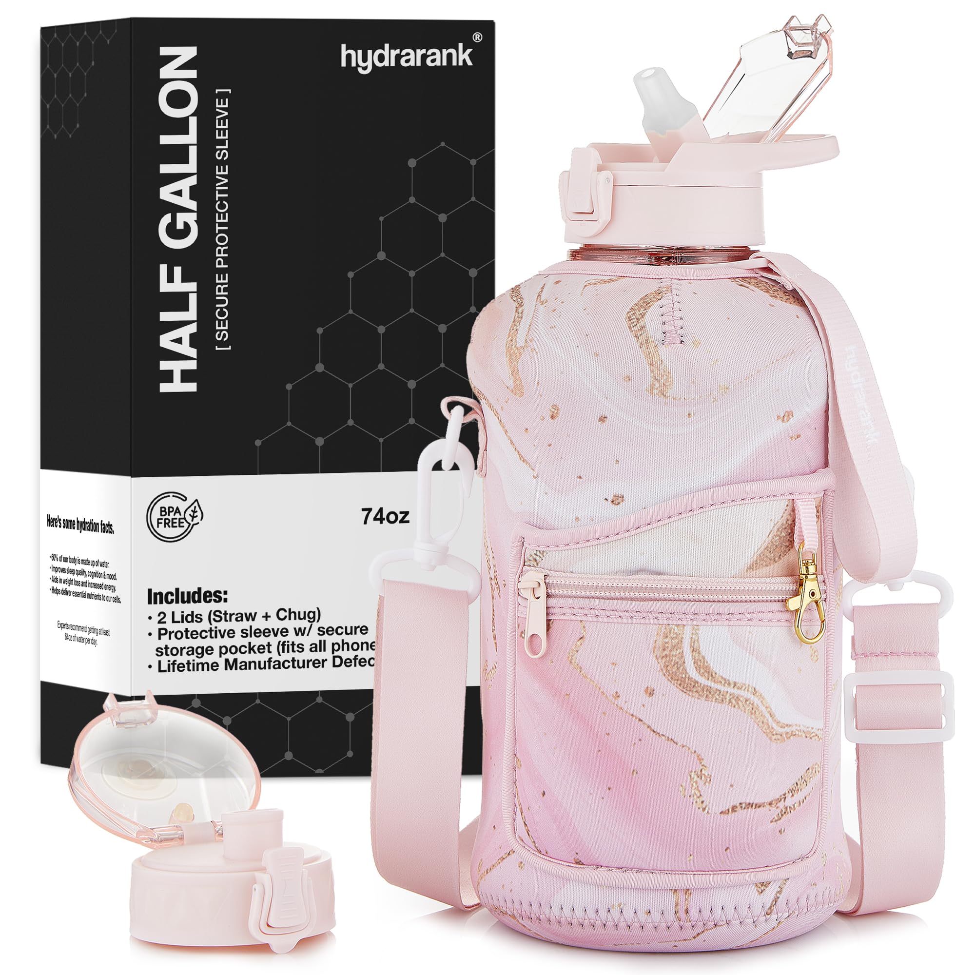 HYDRARANK 2.2L Half Gallon Water Bottle with Straw Lid - BPA Free Sports Jug for Gym & Outdoor