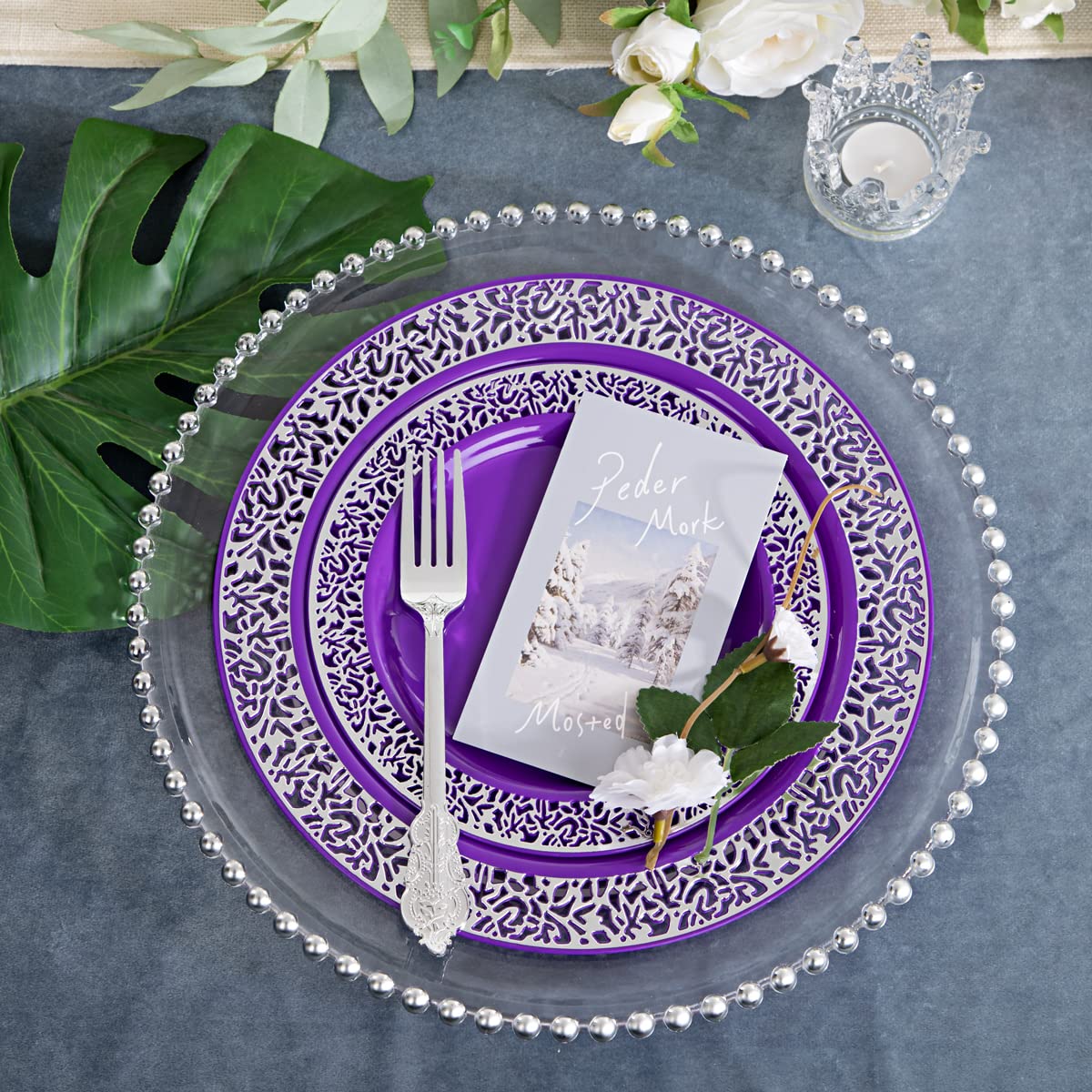 150-Piece Purple & Silver Plastic Dinnerware Set - 30 Plates (10.25