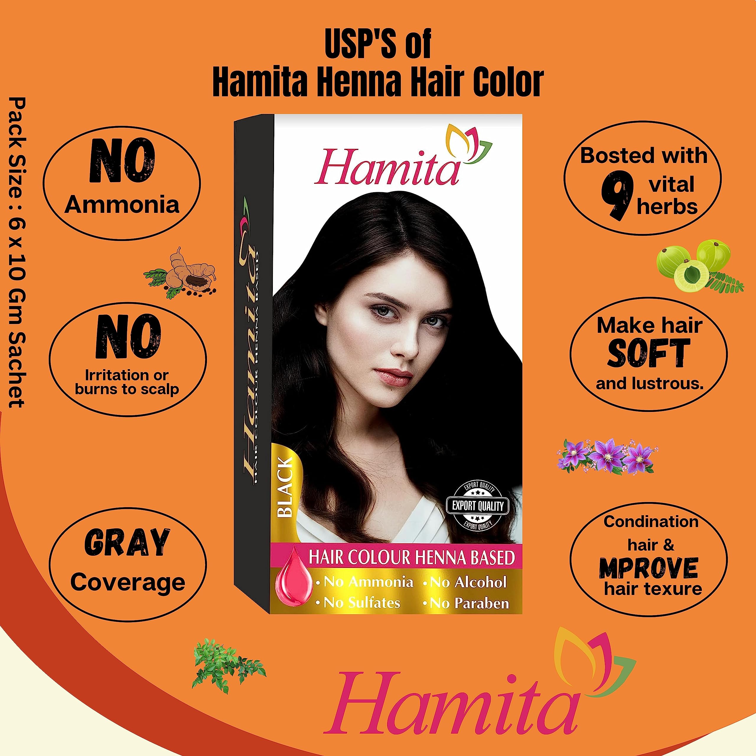 Natural HAMITA Henna Hair Color for Men & Women - Ammonia-Free, Long-Lasting Red Hair Dye | Promotes Healthy, Strong Hair | Perfect for At-Home Hair Coloring & Covering Gray Hair | Pack of 1