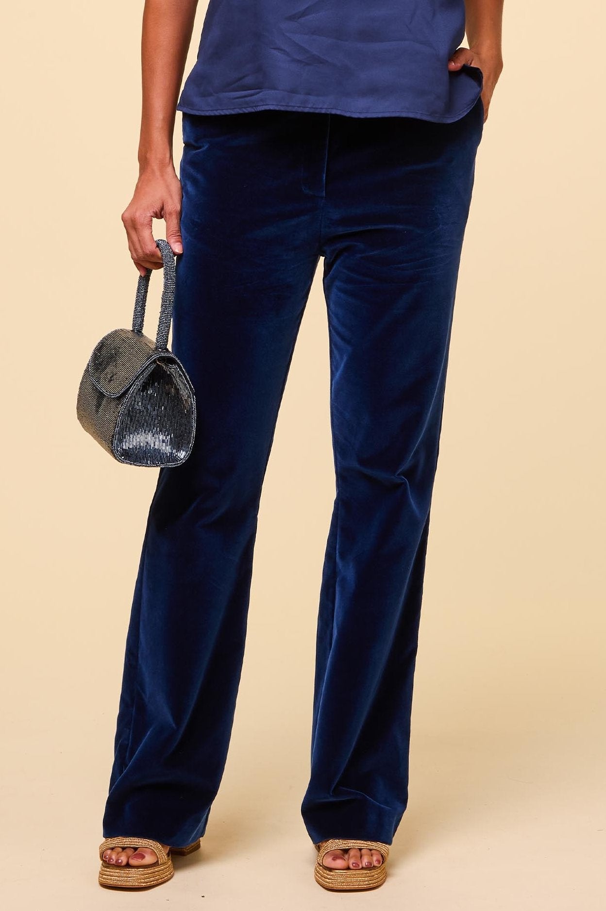 Luxury Velvet Pants for Women - Soft High Waist Stretch Palazzo Trousers in Midnight Blue | Perfect for Evening Parties, Date Nights & Special Occasions
