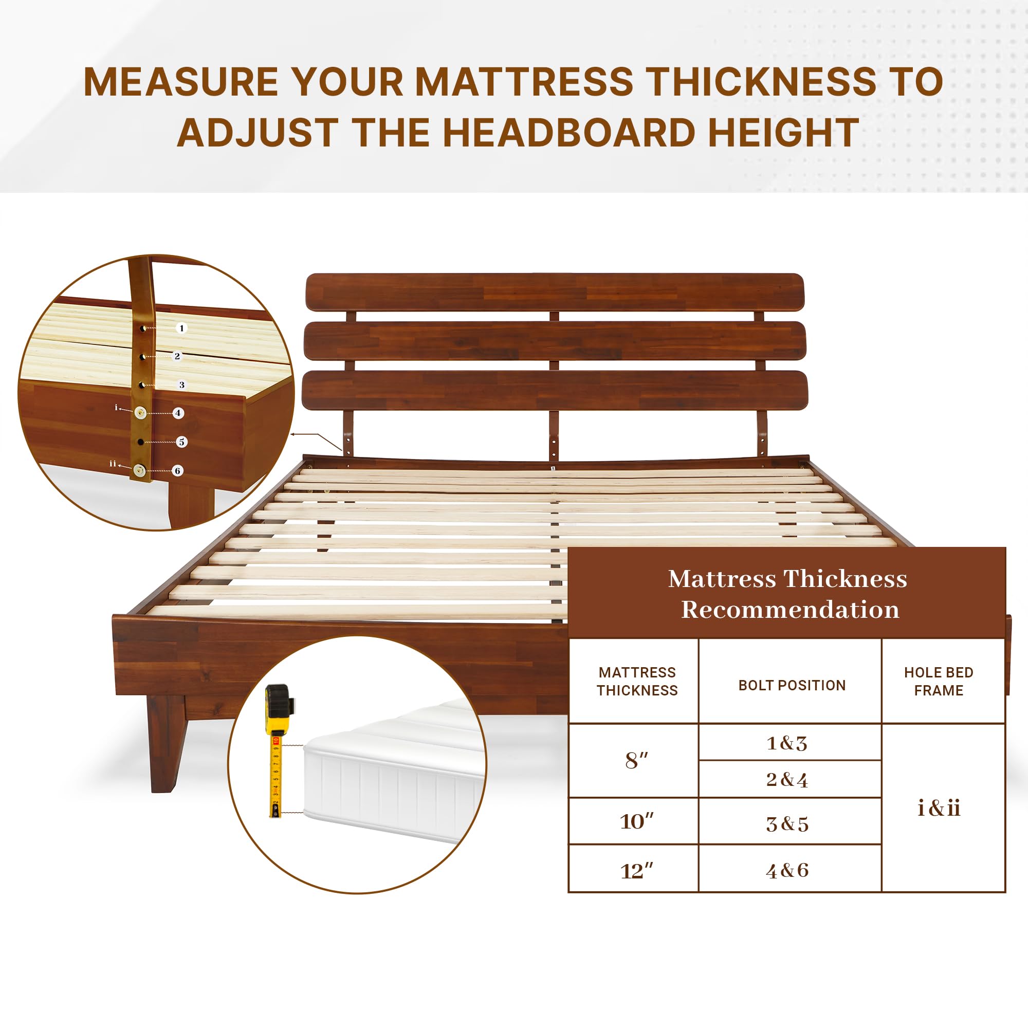 Bme Caden 15 Inch Deluxe Bed Frame with Adjustable Headboard - Mid Century Modern King Size Platform Bed - Solid Acacia Wood Construction - No Box Spring Needed - 12 Sturdy Wood Slats Support - Easy Assembly - Dark Chocolate Finish - Perfect for Master Bedroom, Guest Room & Modern Home Decor
