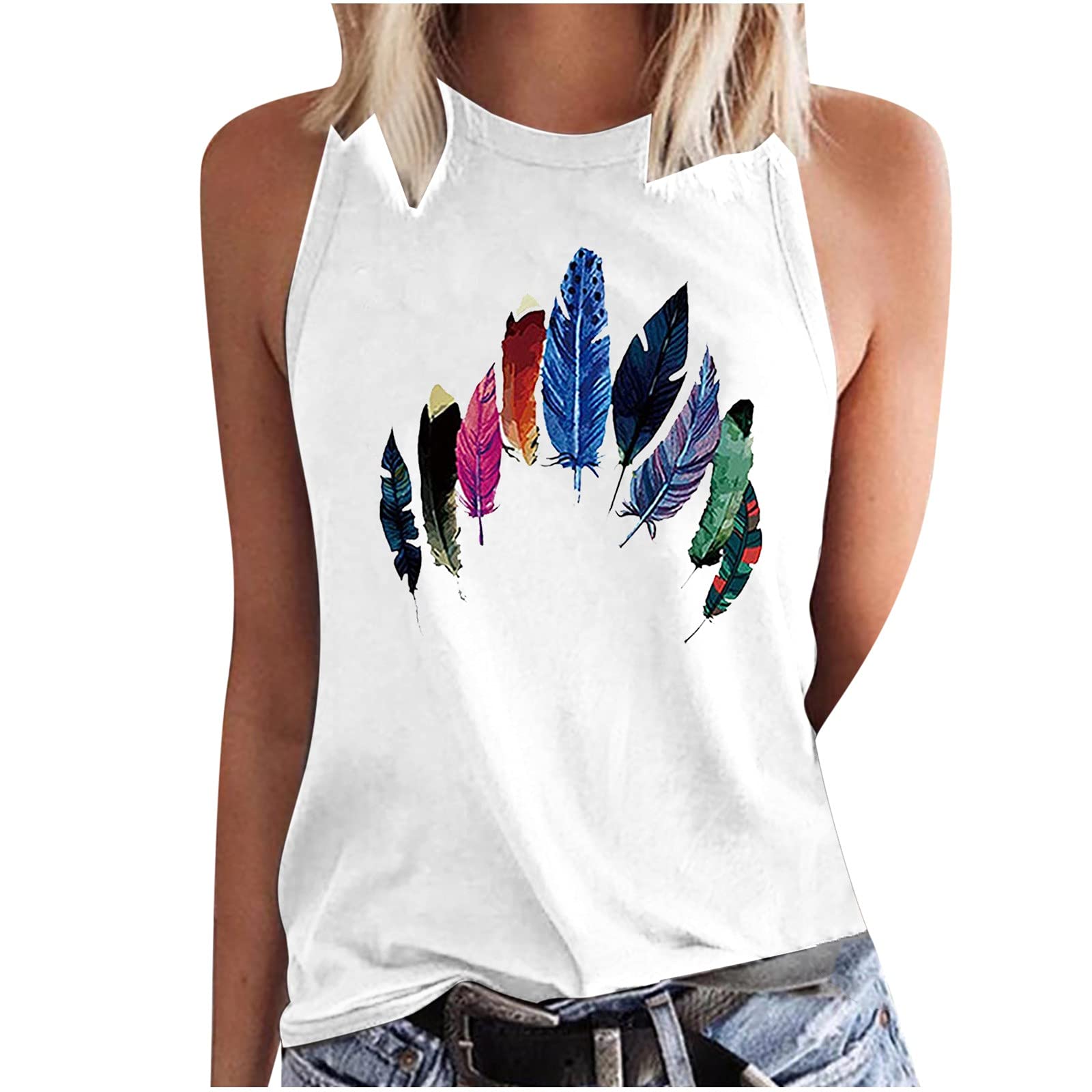 Trendy Women's Feather Graphic Tank Tops - Sleeveless Summer T-Shirts, Loose Fit Comfy Blouses for Casual Wear | Perfect for Beach Outings, Music Festivals & Everyday Fashion