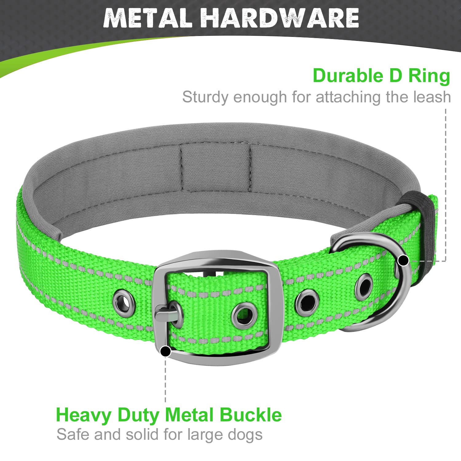 Joytale Adjustable Neoprene Padded Dog Collar for Medium Dogs - Reflective Heavy Duty Pet Collar with Durable Metal Buckle - Perfect for Walking, Training & Outdoor Adventures (Green, Medium)