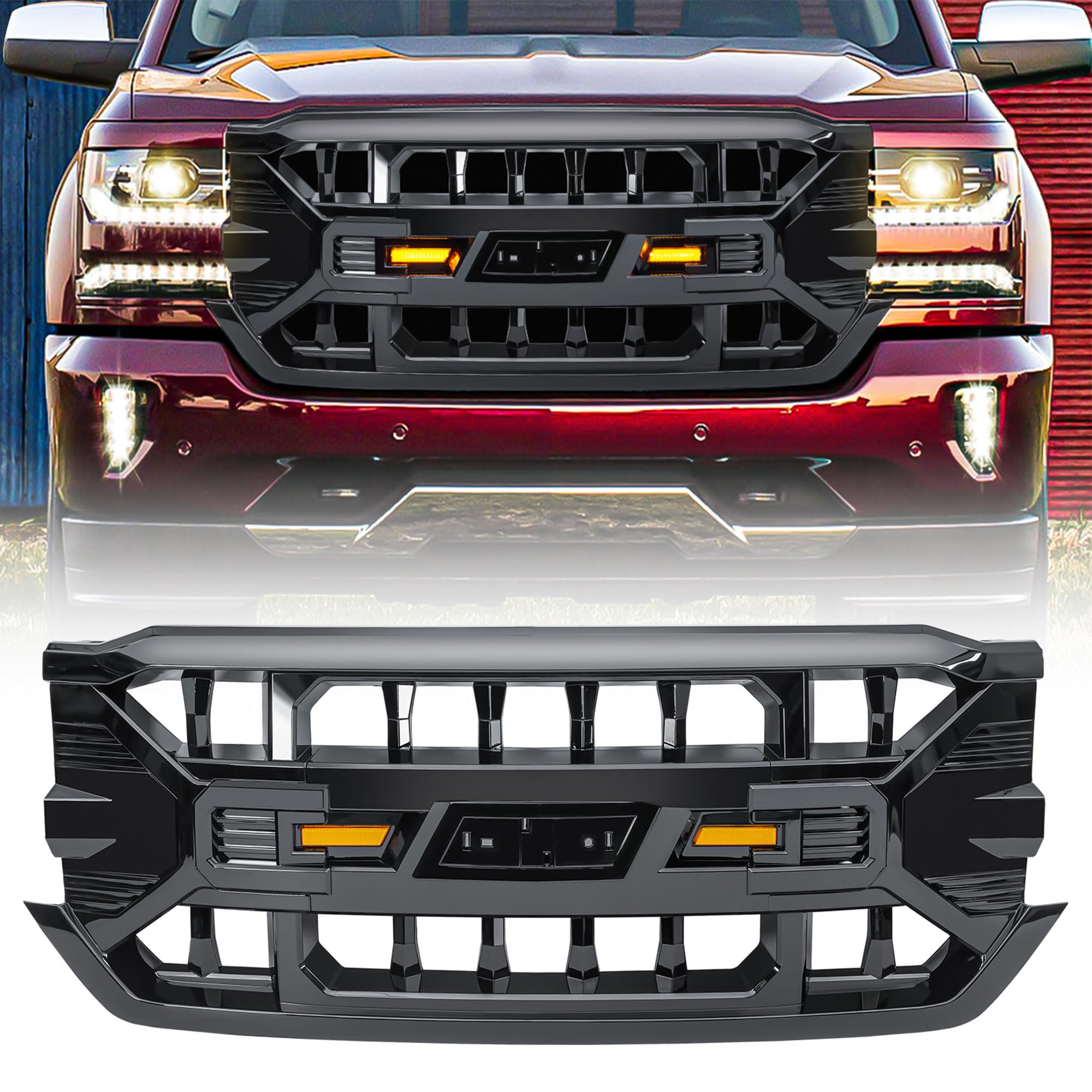2016-2019 Chevrolet Silverado 1500 AMERICAN MODIFIED Armor Grille with Amber LED Lights & Emblem Base - Glossy Black | Heavy-Duty Front Grille Replacement for Off-Road & Truck Customization