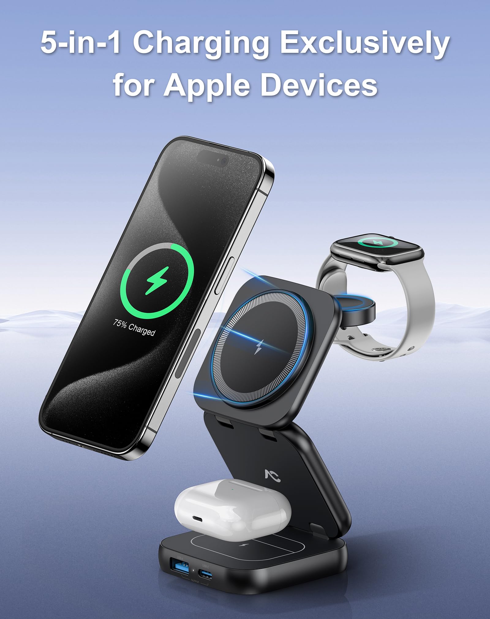 5-in-1 Wireless Charging Station with MagSafe - 15W Fast Magnetic Foldable Stand for iPhone 16/15/14/13 Series & Apple Watch S1-9/Ultra - Includes 35W Adapter | Perfect for Home, Office & Travel