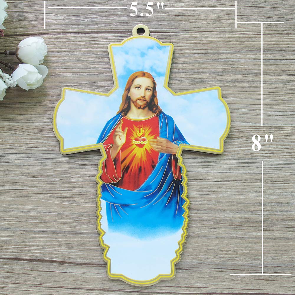 12 Pcs Sacred Heart Jesus Wood Wall Cross - Religious Home Decor for Baptism, Christening, First Communion & Anniversary Gifts - Perfect for Church, Bedroom & Prayer Room Decor