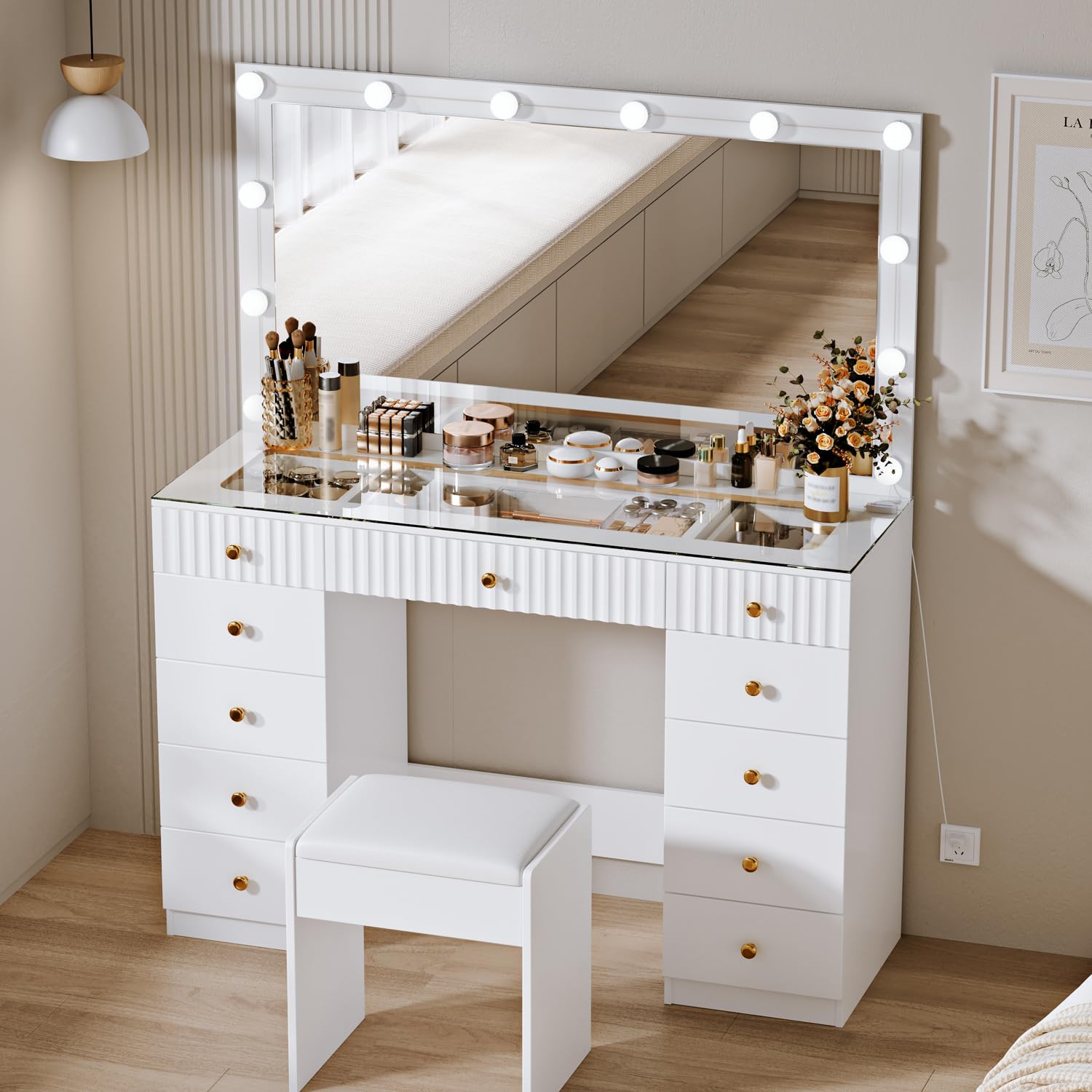 Modern White Large Vanity Desk with Chair - 11-Drawer High Capacity Makeup Dressing Table with Glass Top for Bedroom, Makeup Room | Perfect for Beauty Routine, Dressing Area & Home Decor
