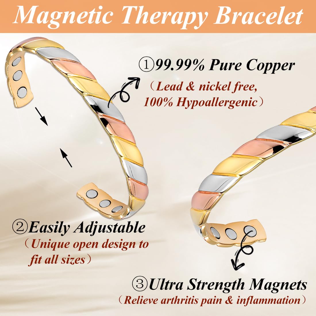 Pure Copper Bracelets for Women - Adjustable Magnetic Cuff Bangle for Strength & Wellness | Fashion Jewelry & Healing Accessory for Daily Wear, Yoga, Meditation