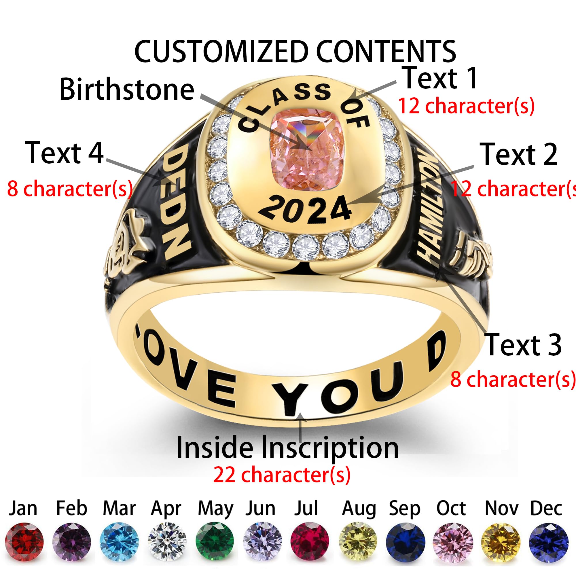 Personalized Custom Class Rings for Women - Birthstone Graduation Rings in Rose Gold Plated (Size 5-15) | High School & College Jewelry Gift for Her - Perfect for Commencement, Reunions & Special Occasions