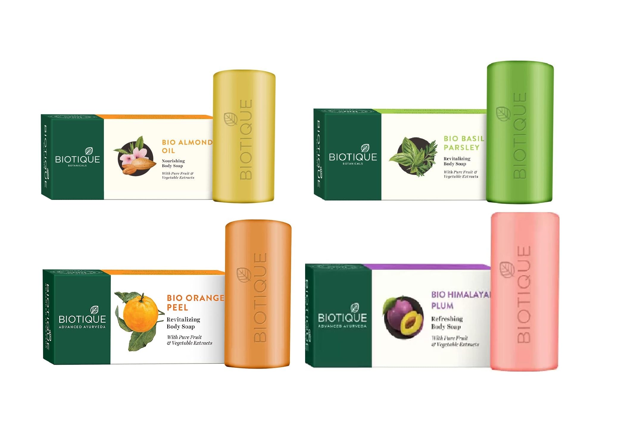 Biotique Almond Oil Nourishing Body Soap 150g | Himalayan Plum Refreshing Body Soap 150g | Orange Peel Revitalizing Body Soap 150g | Basil & Parsley Revitalizing Body Soap 150g - Natural Herbal Skincare for Dry, Sensitive Skin - Perfect for Daily Shower & Spa Relaxation