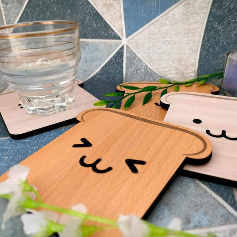 4-Piece Wooden Tea Coaster Set - Toast Bread Design - Premium MDF Wood Coasters for Hot & Cold Drinks - Perfect for Dining Table, Office Desk, Coffee Table & Home Decor - Cute Kitchen Accessories Gift Idea