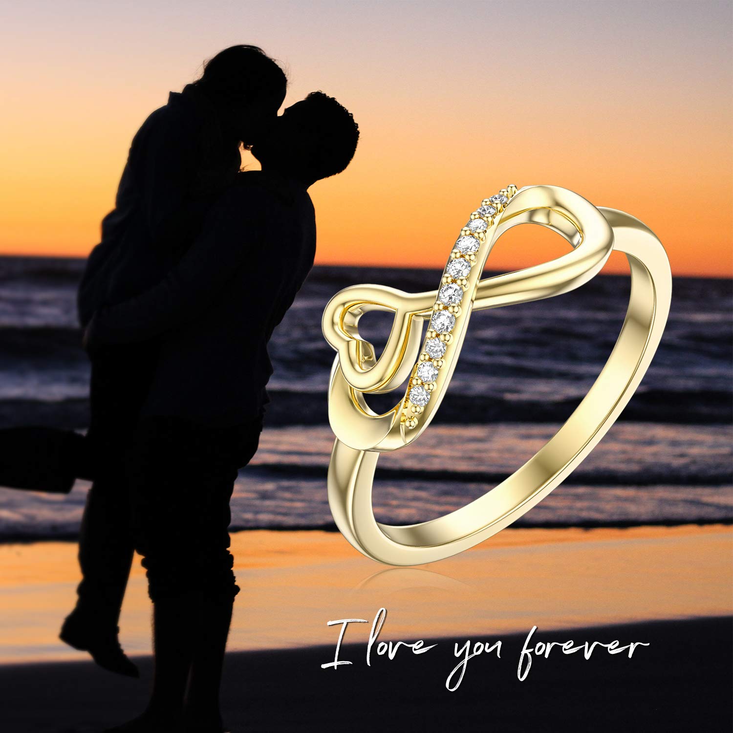 10K Solid Yellow Gold Infinity Heart Moissanite Ring for Women - Elegant Engagement, Wedding, Anniversary & Birthday Jewelry Gift for Girlfriend, Wife & Mother - Size 4.5-12 - Perfect for Romantic Occasions & Everyday Wear