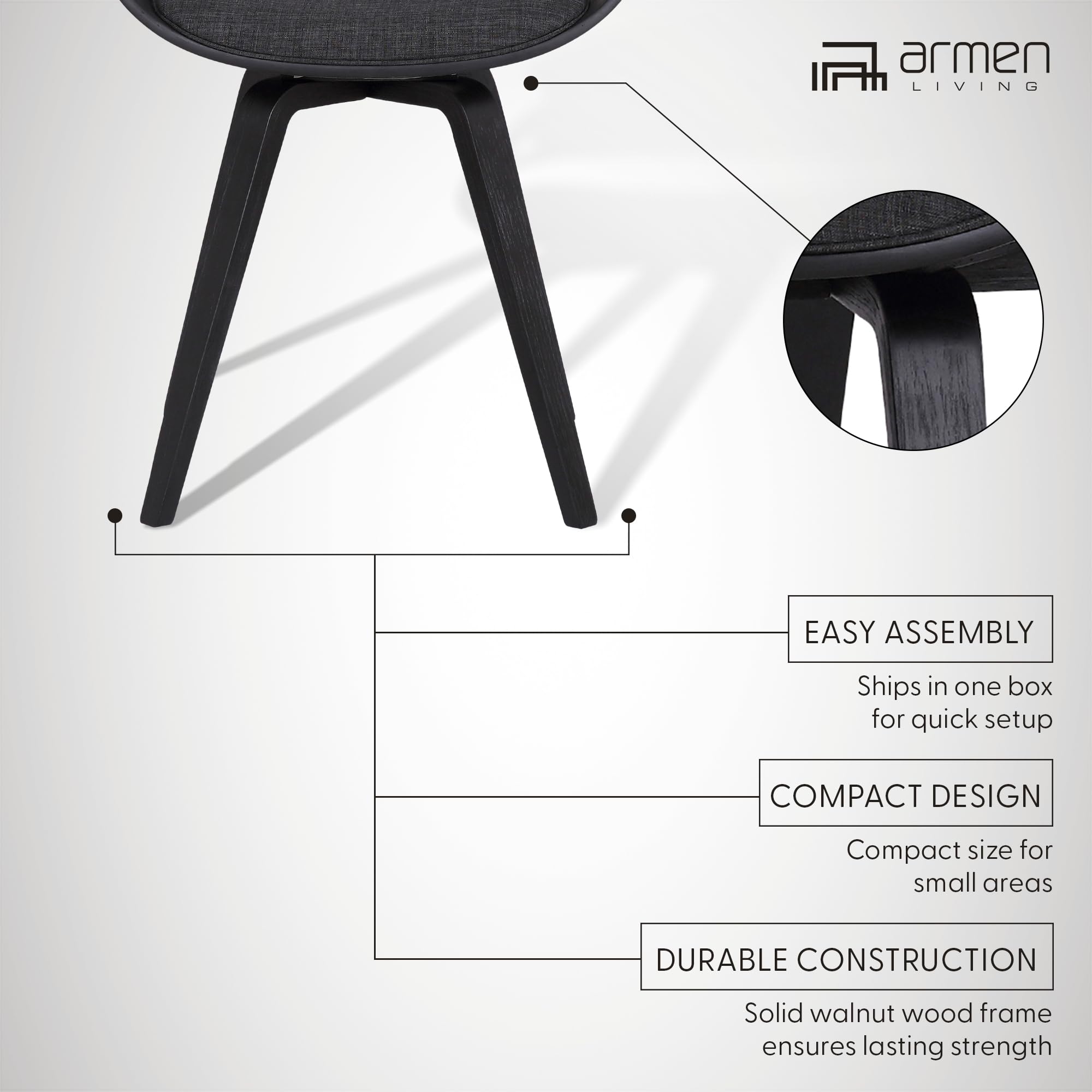 Armen Living Summer Mid Century Modern Dining Chair - Charcoal Fabric & Black Wood Finish - Perfect for Kitchen, Dining Table, Office Desk & Vanity