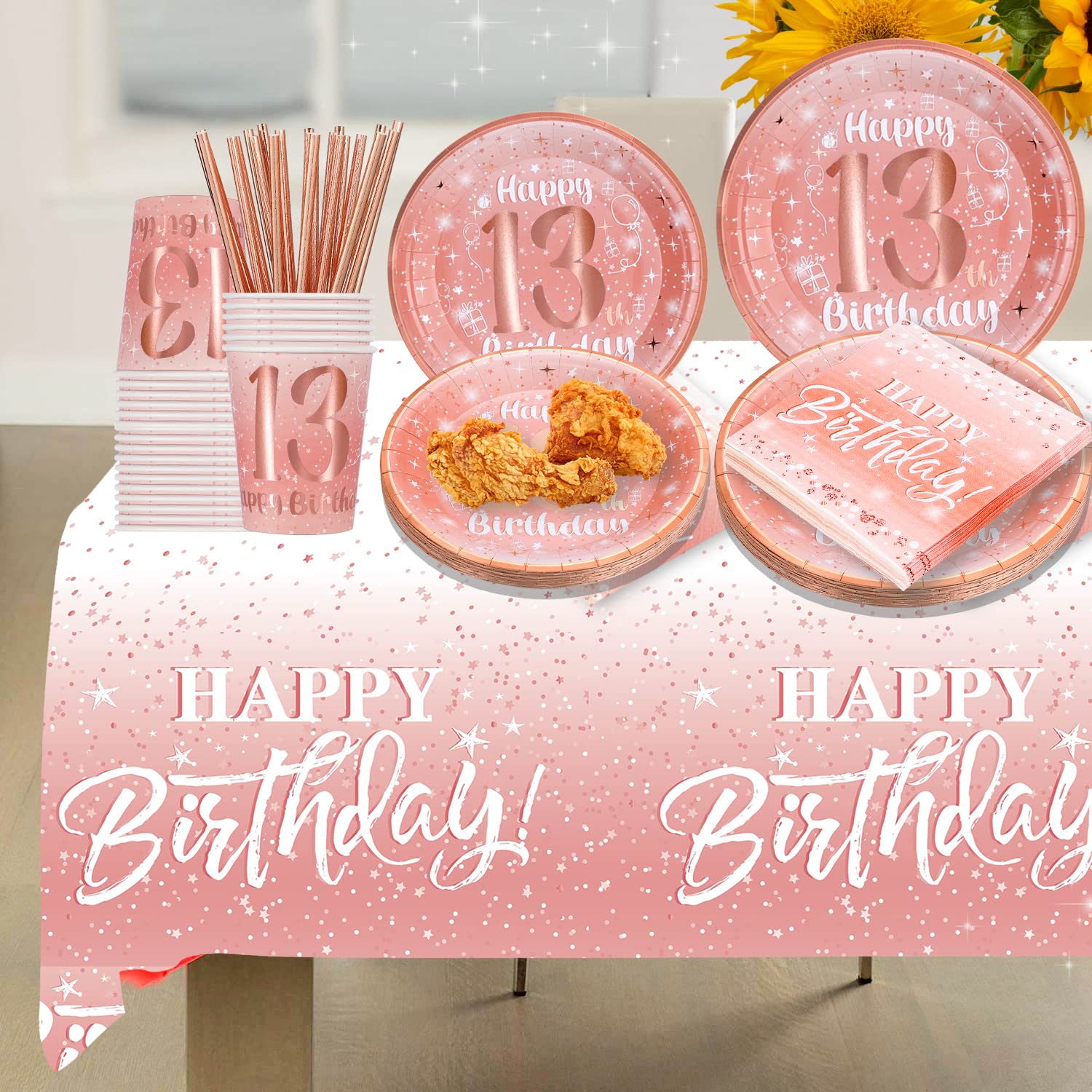 13th Birthday Party Decorations for Girls - Rose Gold Happy Birthday Banner, Balloons & Plates Set (13 Count) | Perfect for Teen Birthday Parties, Sweet 16 Decor & Special Celebrations