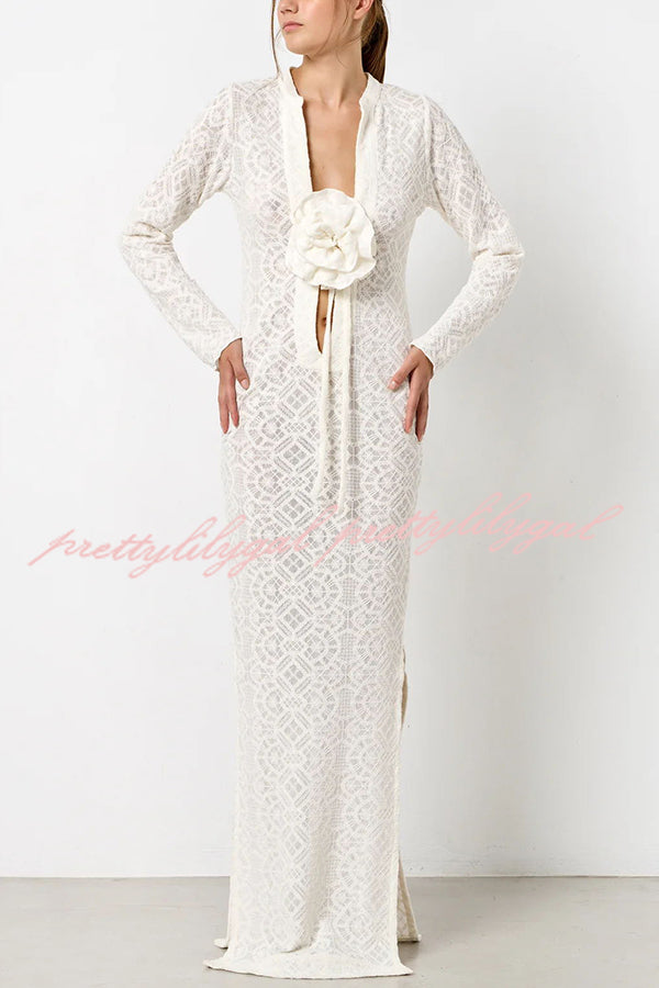 Spanish Breeze Lace Deep V Neck Long Sleeve Maxi Dress with Removable Flowers & High Slit - Perfect for Beach Vacations, Summer Weddings & Boho Photoshoots