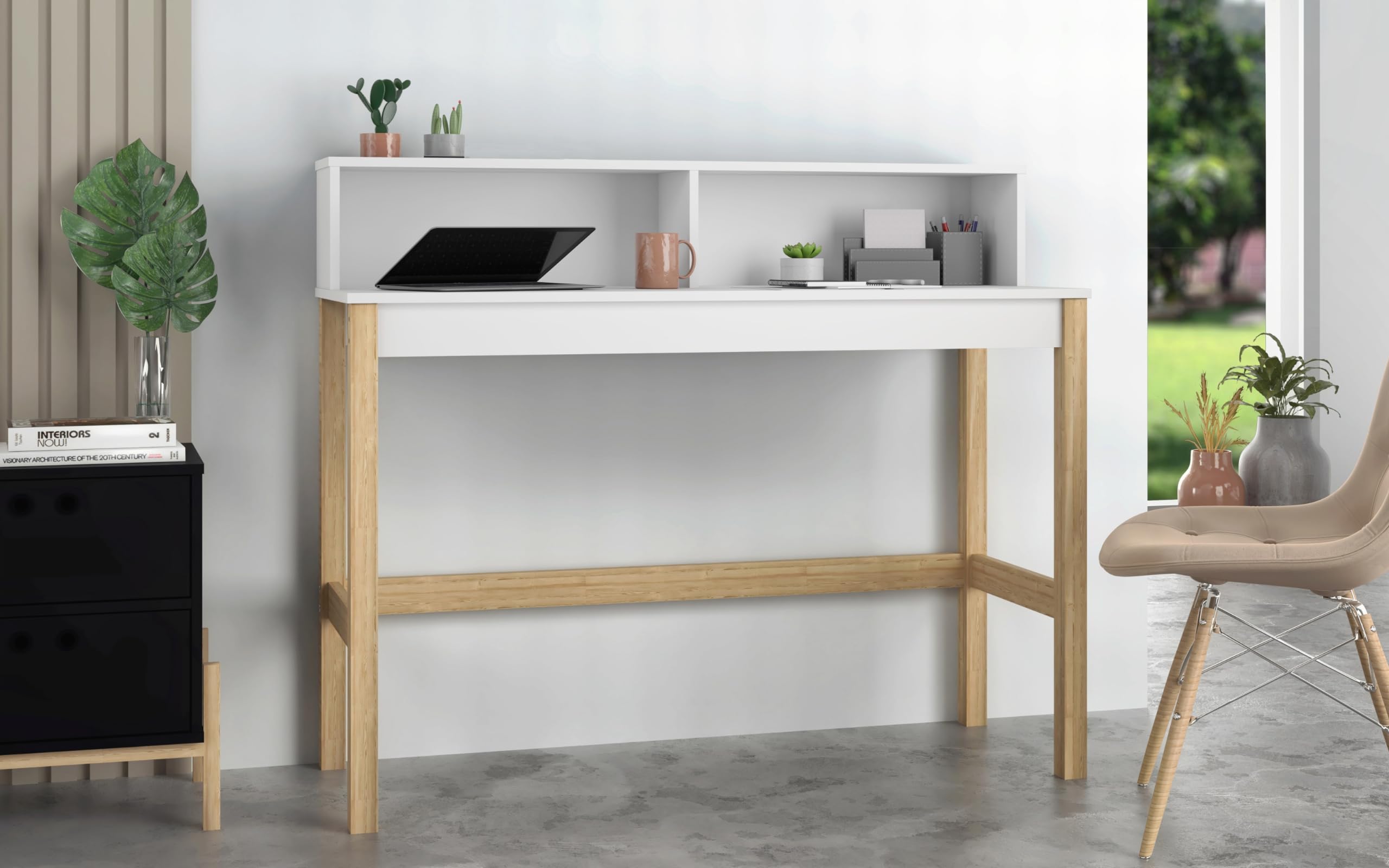 Mid Century Modern Home Office Desk 47 Inch - Manhattan Comfort Bowery Study Table with 2 Storage Cubbies & Rustic Wood Base, White Oak Finish - Perfect for Small Spaces, Entryway Furniture or Workspace Decor