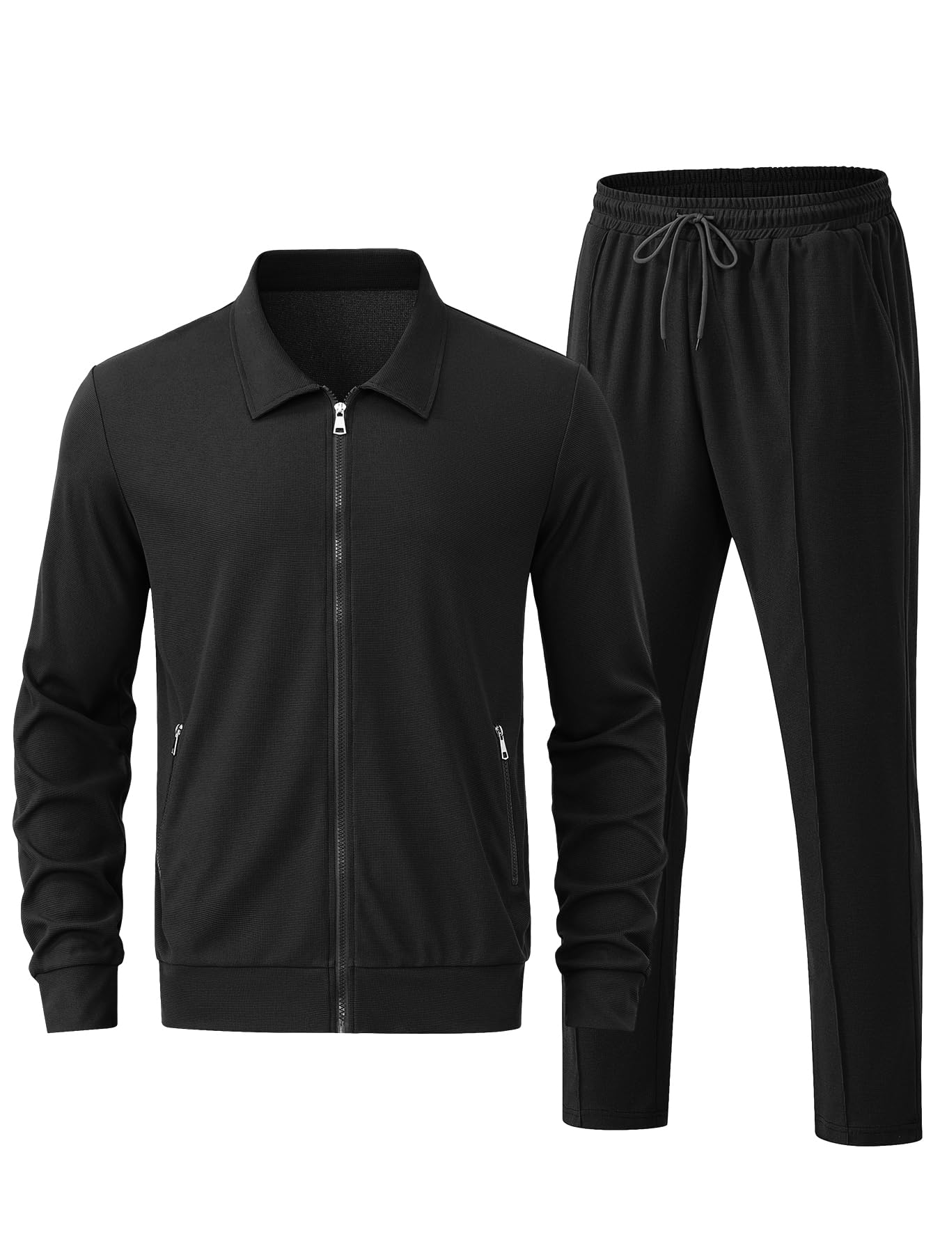 Men's Waffle Knit Tracksuit Set - 2 Piece Long Sleeve Zip Up Hoodie & Jogger Pants - Solid Color Athletic Sweatsuit for Running, Gym, and Casual Wear