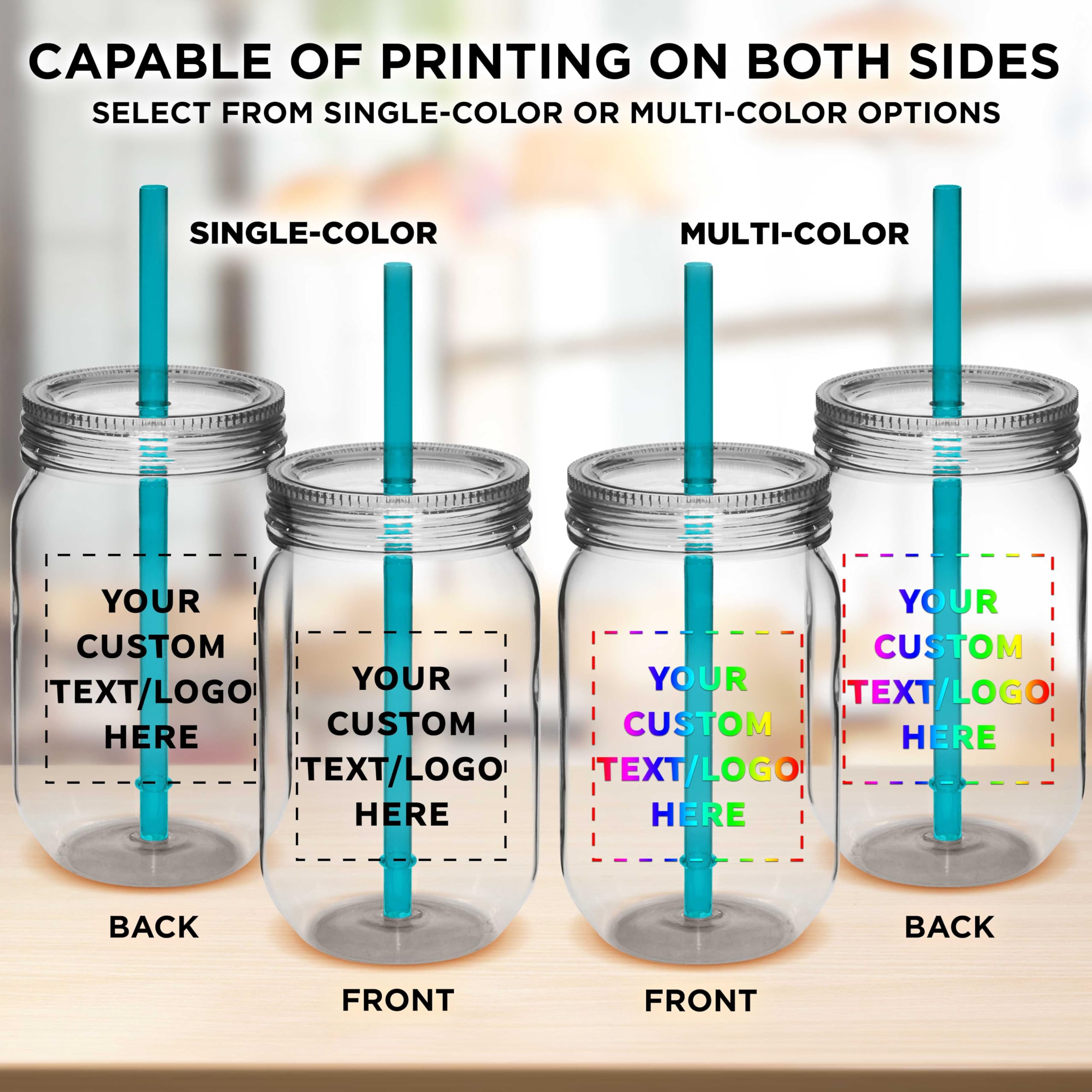 Custom 24 oz Plastic Mason Jars with Straws - Bulk Pack of 50 Personalized Drink Containers for Overnight Oats, Candies, Pickles & Beverages | Reusable BPA-Free Jars for Parties, Picnics, Meal Prep & Home Storage (Aqua Color)