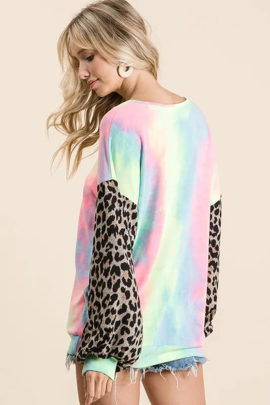 BiBi Tie Dye Terry Crop Top with Leopard Print Puff Sleeves | Trendy Women's Fashion for Summer Outfits, Music Festivals & Beach Vacations