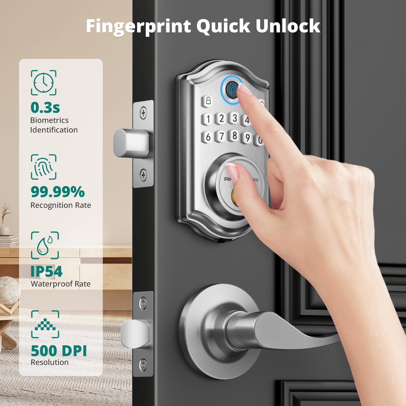 Smart Keyless Entry Door Lock with Fingerprint & Keypad - 2 Lever Handles, Electronic Deadbolt, Auto-Lock Feature, Easy Installation for Home Security | Front Door Smart Lock for Houses, Apartments & Offices