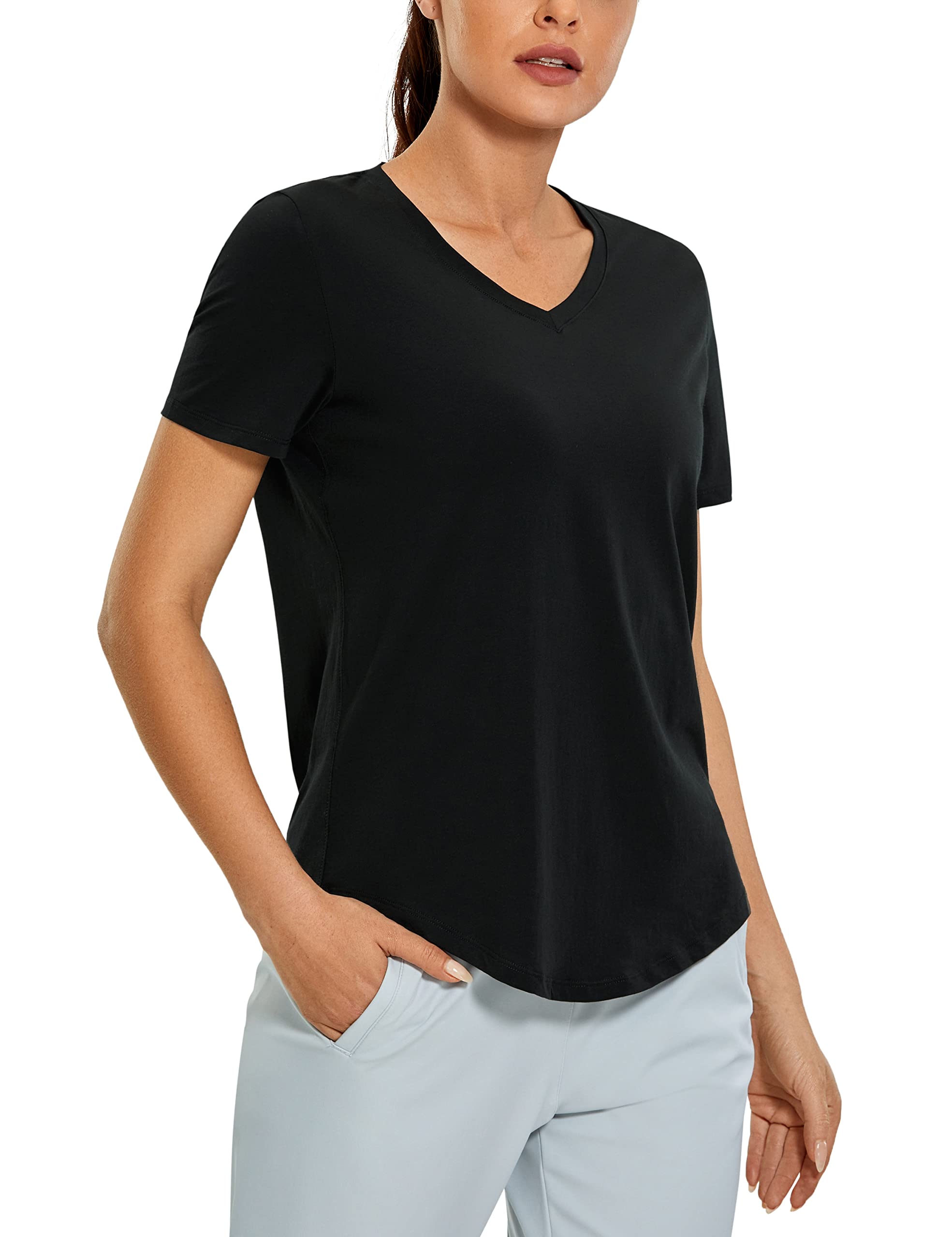CRZ YOGA Women's Pima Cotton Short Sleeve V-Neck T-Shirt - Soft Breathable Workout Top for Yoga, Gym & Casual Wear | Comfortable Everyday Tee for Fitness & Lounge
