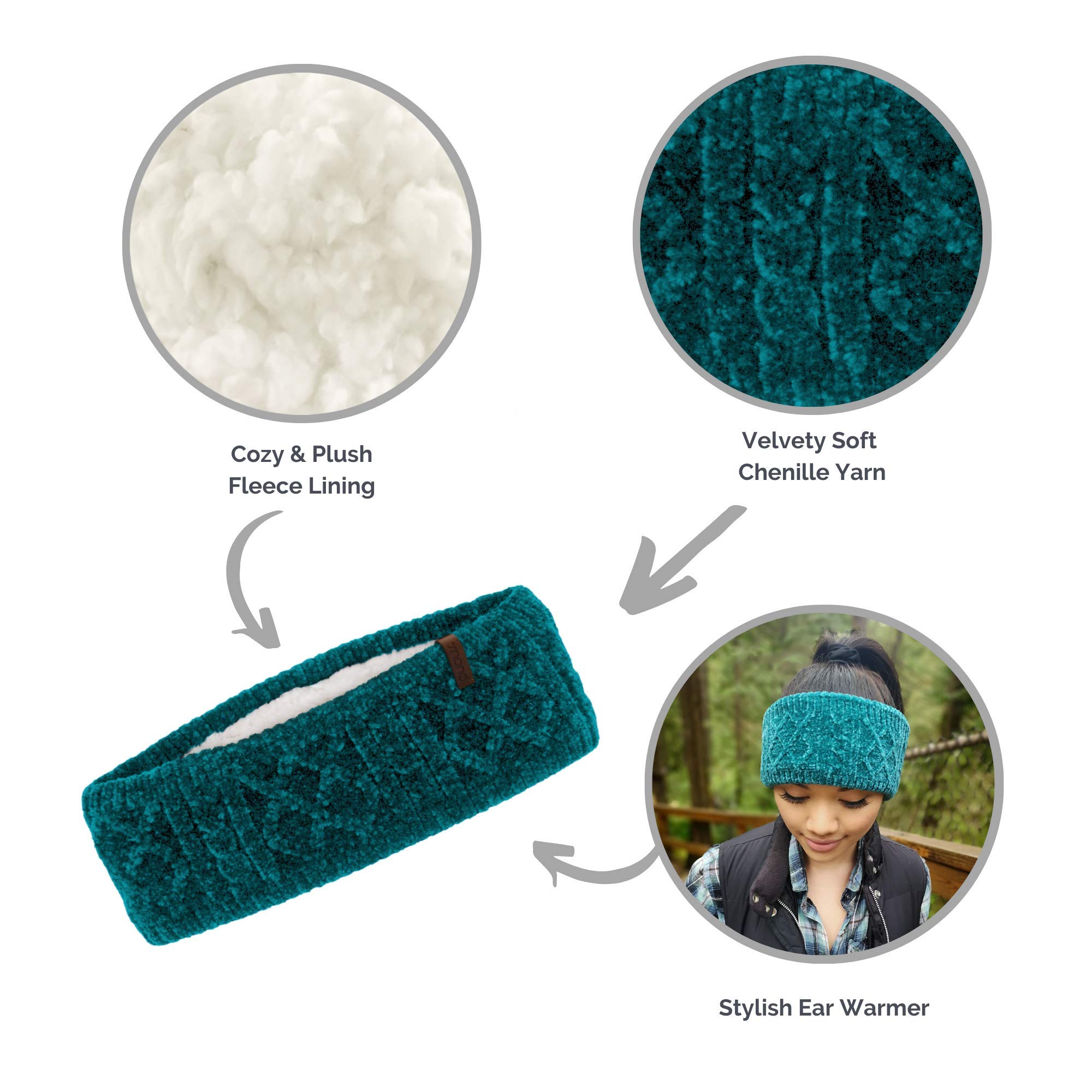 Pudus Vegan Winter Headbands for Women - Soft Stretch Ear Warmer Headwrap with Warm Faux Fur Fleece Lining - Cozy Winter Accessories for Outdoor Activities, Skiing, Running & Daily Wear
