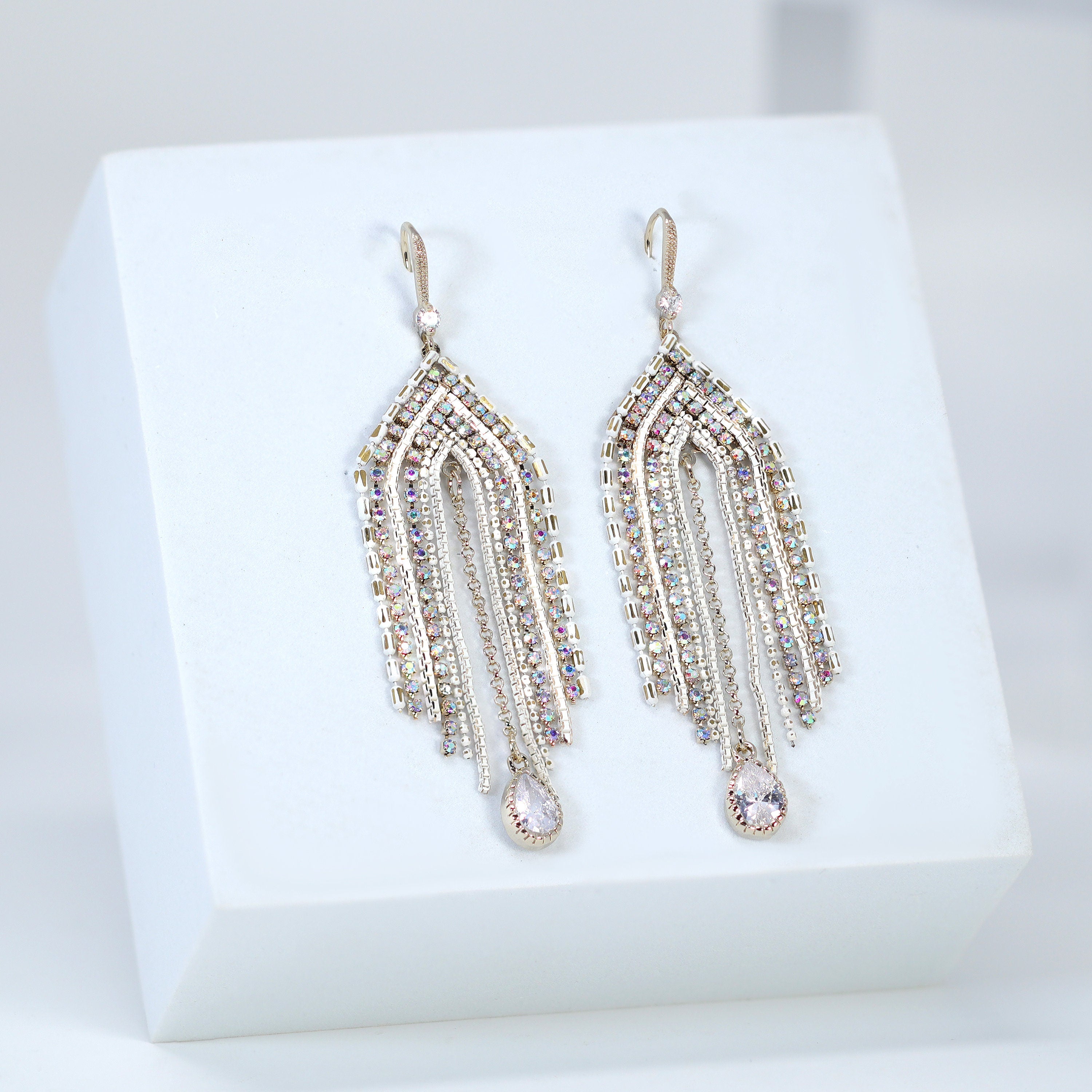 Elegant Gold Swarovski AB Crystal Drop Earrings with Waterfall Design - Long Tassel Bridal Jewelry for Weddings & Special Occasions - Crystal Statement Earrings for Evening Parties & Formal Events