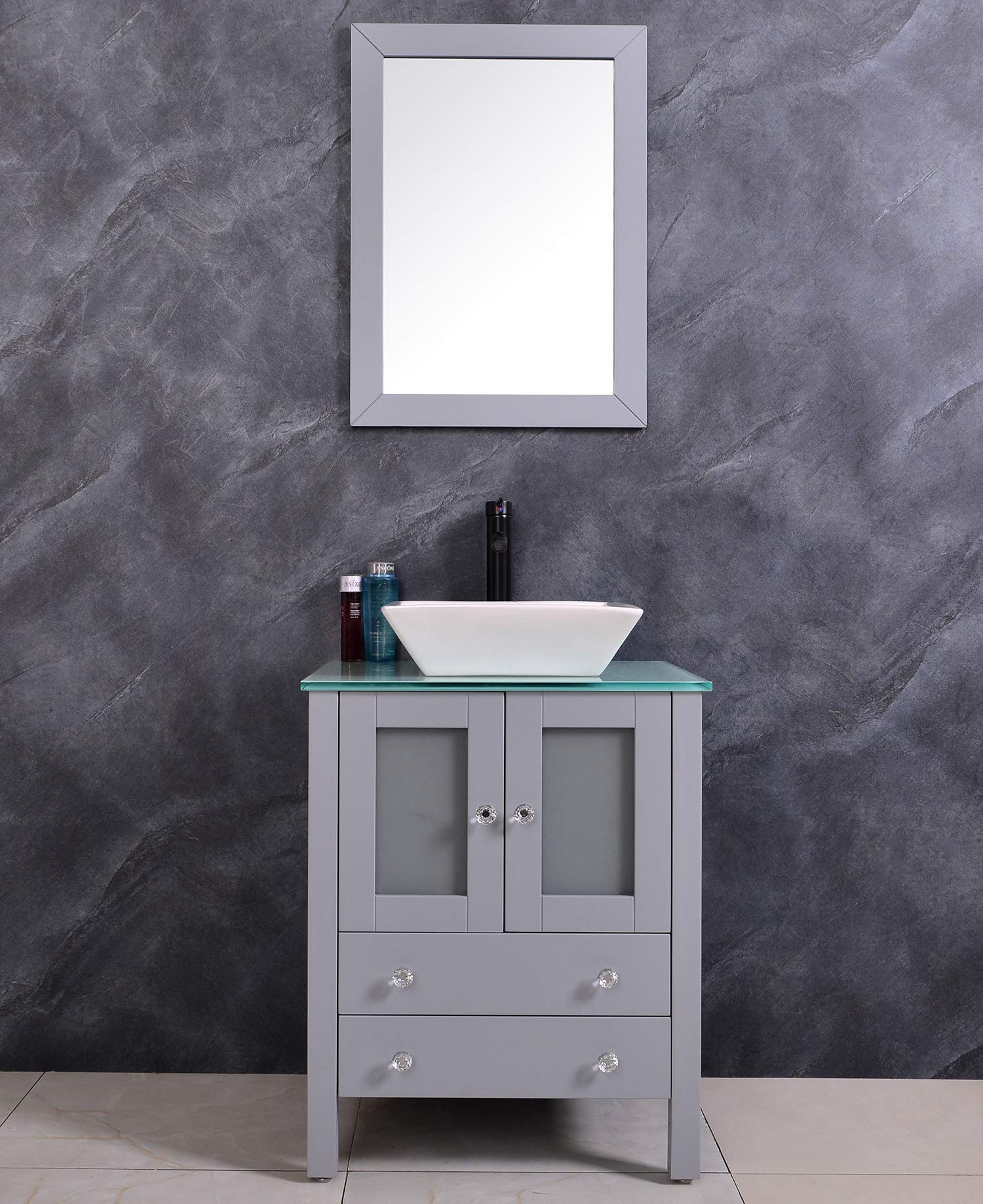 24 Inch Wooden Floor-Standing Bathroom Vanity with Ceramic Vessel Sink, Mirror, Faucet & Drain Included - Modern Grey Bathroom Set for Master Bath, Guest Bath & Powder Room Renovations