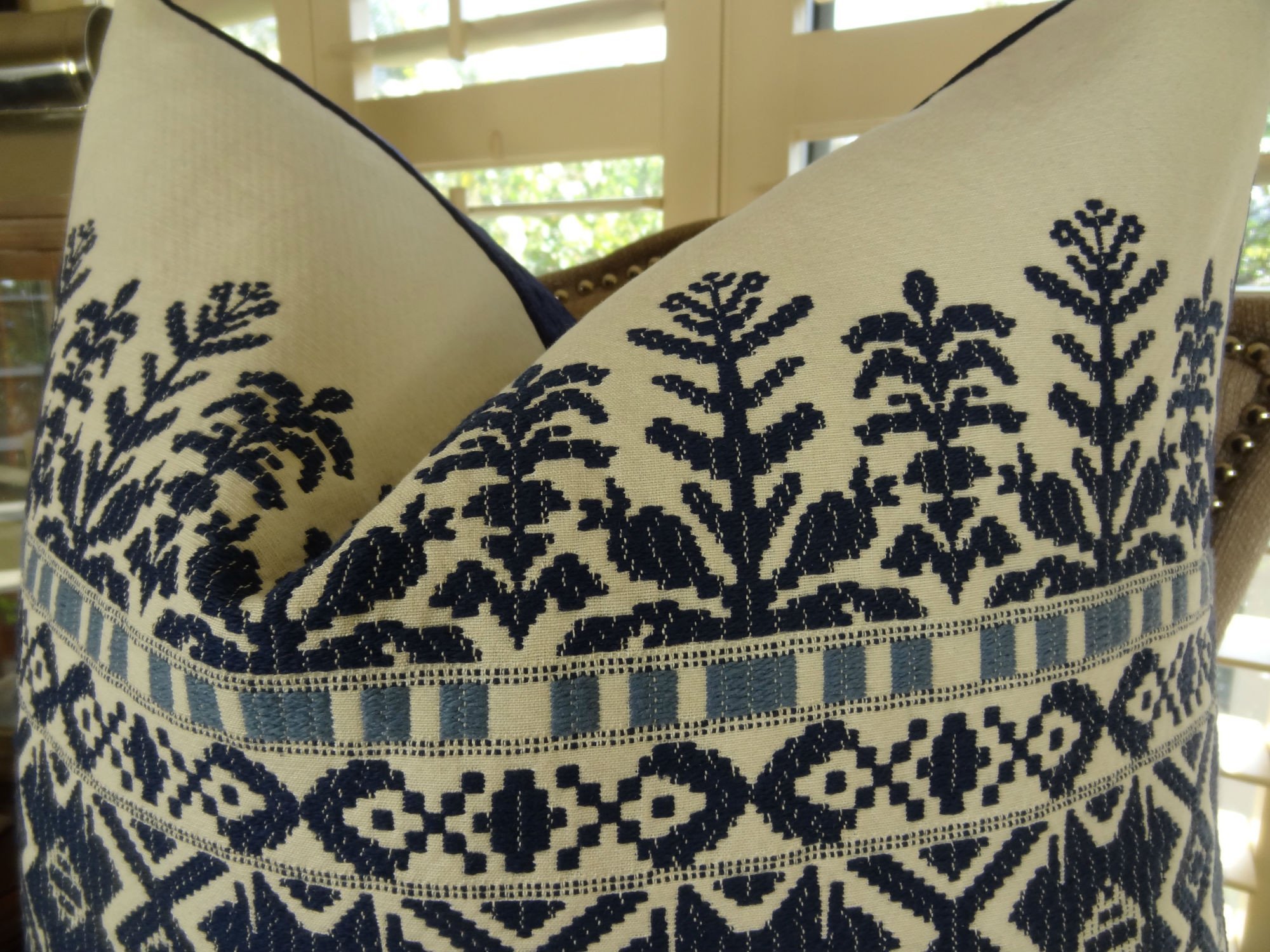 Aztec Navy Blue White Tribal Throw Pillow - Handmade Embroidered Decorative Cushion Cover - Boho Home Decor for Living Room, Bedroom, Sofa - Made in USA