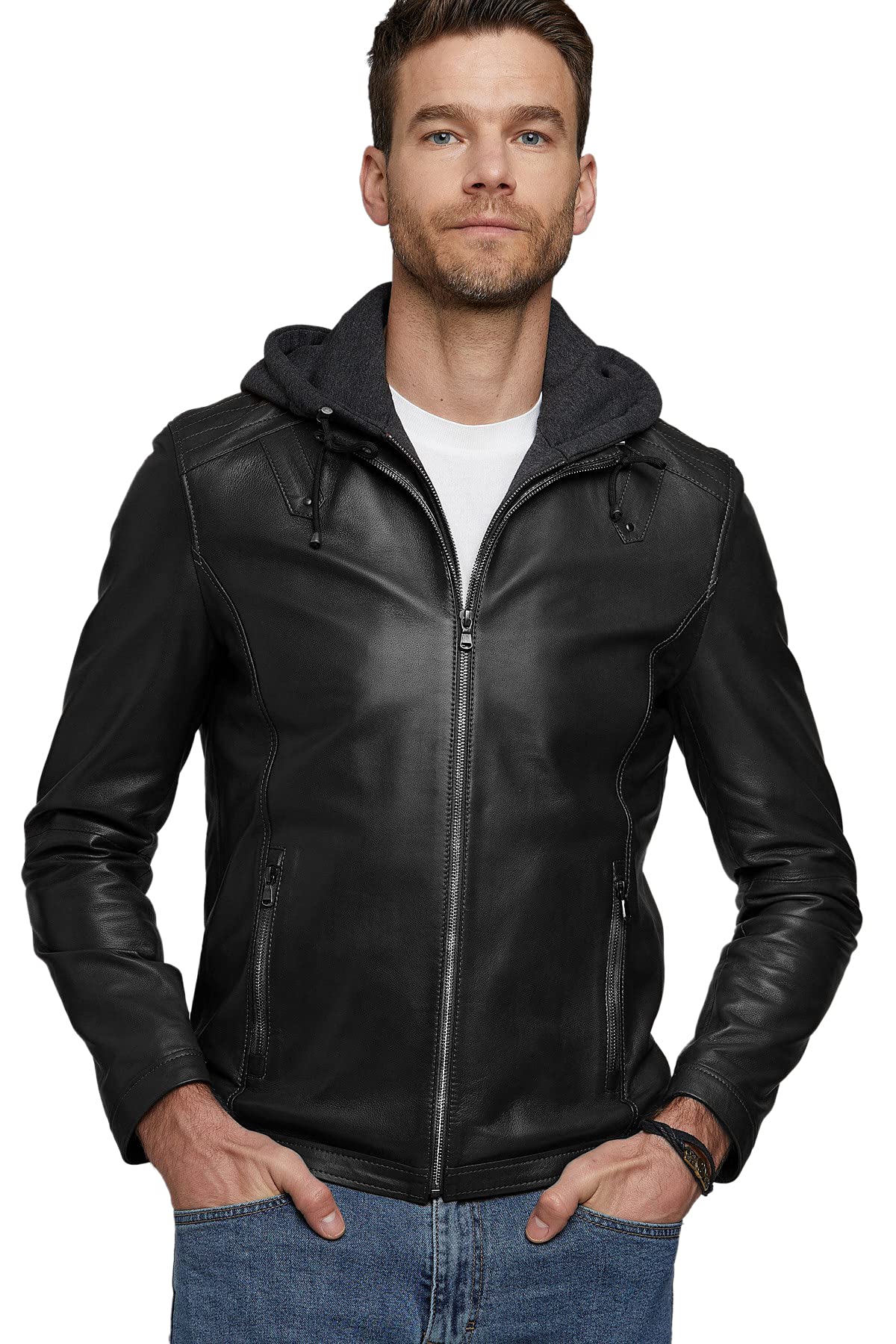 Premium Genuine Leather Jacket for Men with Hood - Lightweight Motorcycle Bomber Jacket in Black & Brown | Casual Wear, Biker Style & Outdoor Adventure
