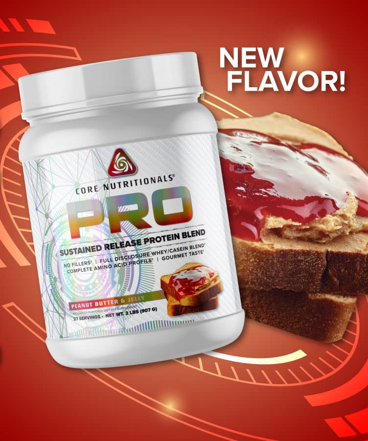 Core Nutritionals Pro Sustained Release Protein Powder - 25G Protein, 2G Carb, Digestive Enzyme Blend, Peanut Butter & Jelly Flavor (27 Servings) - Post Workout Recovery & Meal Replacement for Athletes & Fitness Enthusiasts