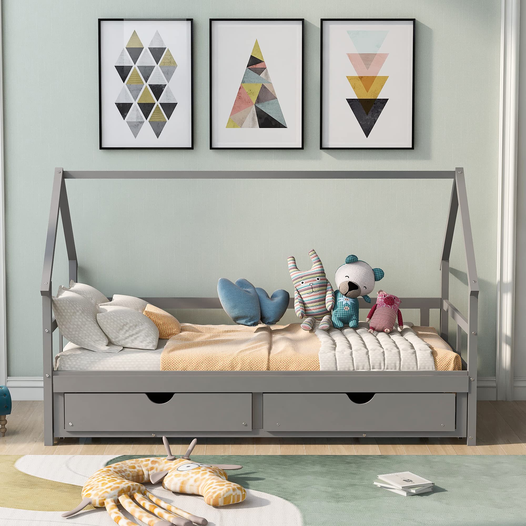 Wooden House-Shaped Daybed with Trundle & 2 Drawers - Kids & Teens Bed Frame with Roof - No Box Spring Needed - Gray - Perfect for Bedrooms, Playrooms & Sleepovers