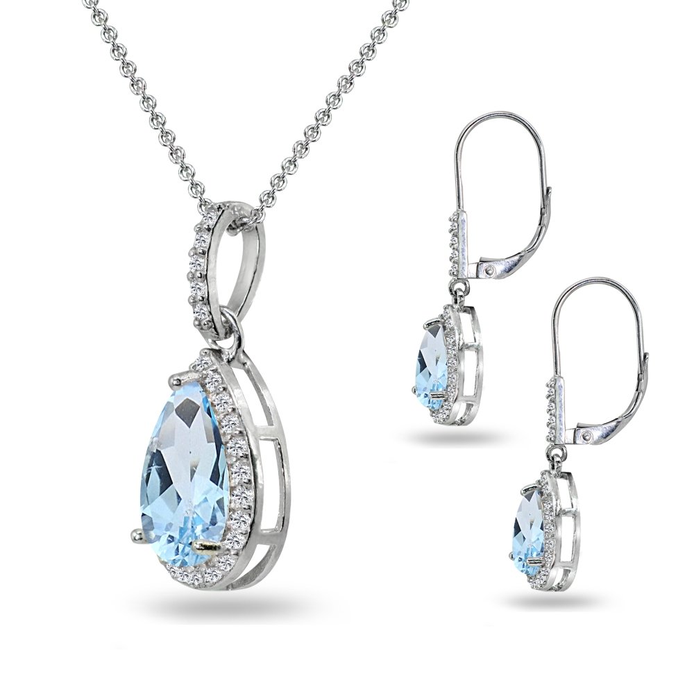 Women's Jewelry Sets - Sterling Silver Birthstone Necklace & Earrings Set with Genuine/Synthetic Gemstones, Teardrop Pendant & Dangle Earrings for Gifts, Anniversary & Special Occasions
