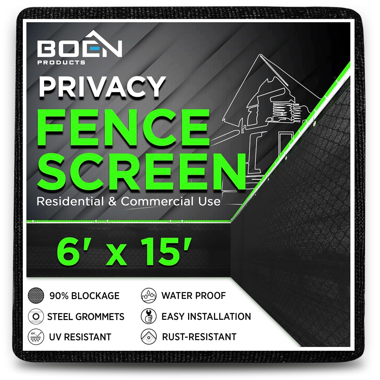 Boen 6' x 15' Black Backyard Privacy Screen Fence Cover - Instant Outdoor Windproof Shade Solution for Metal, Chain Link, Wood & Plastic Fencing - Perfect for Patio, Deck, Pool Area & Garden Privacy Protection