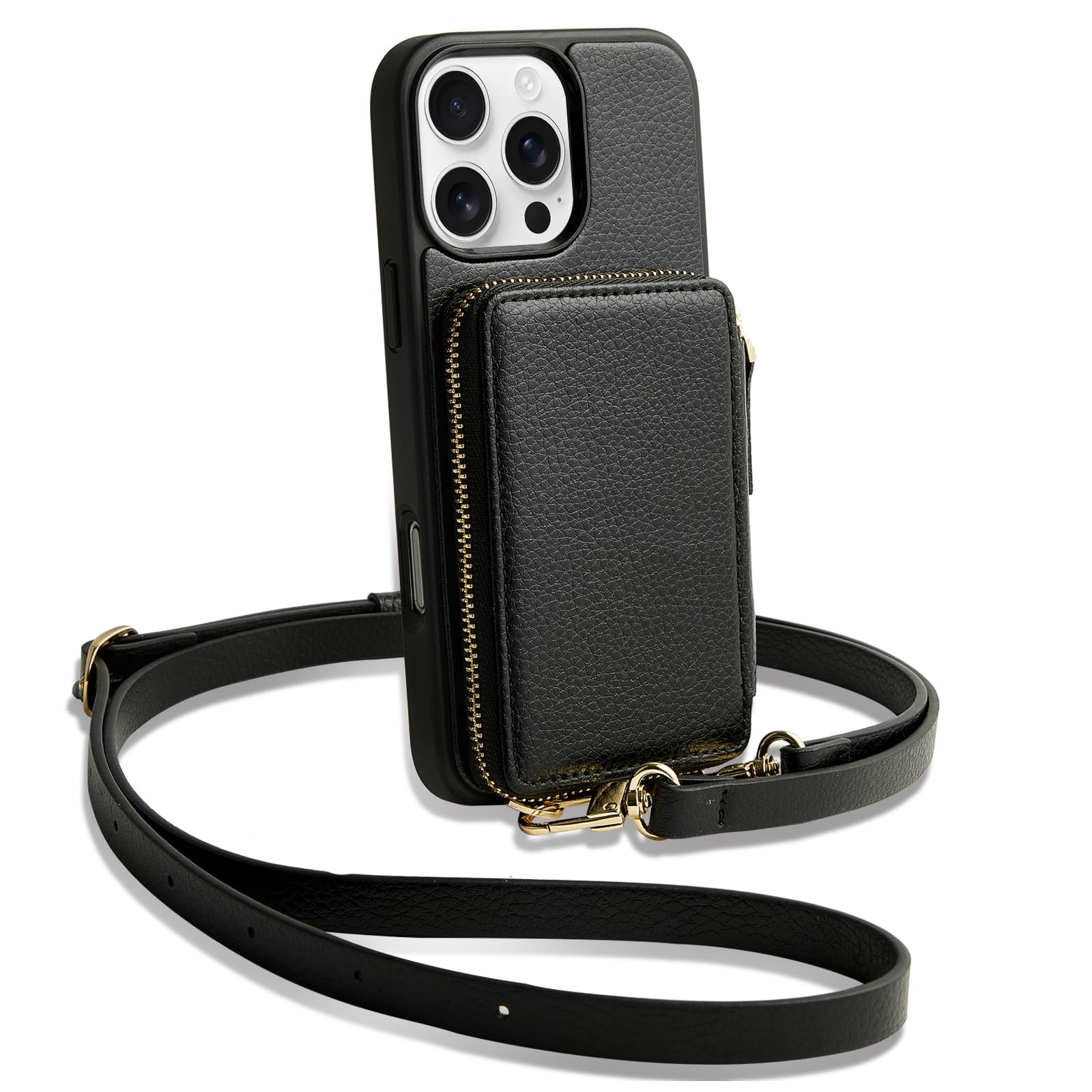 ZVE iPhone 16 Pro Max Wallet Case with Zipper, Crossbody Strap & Card Holder - 6.9