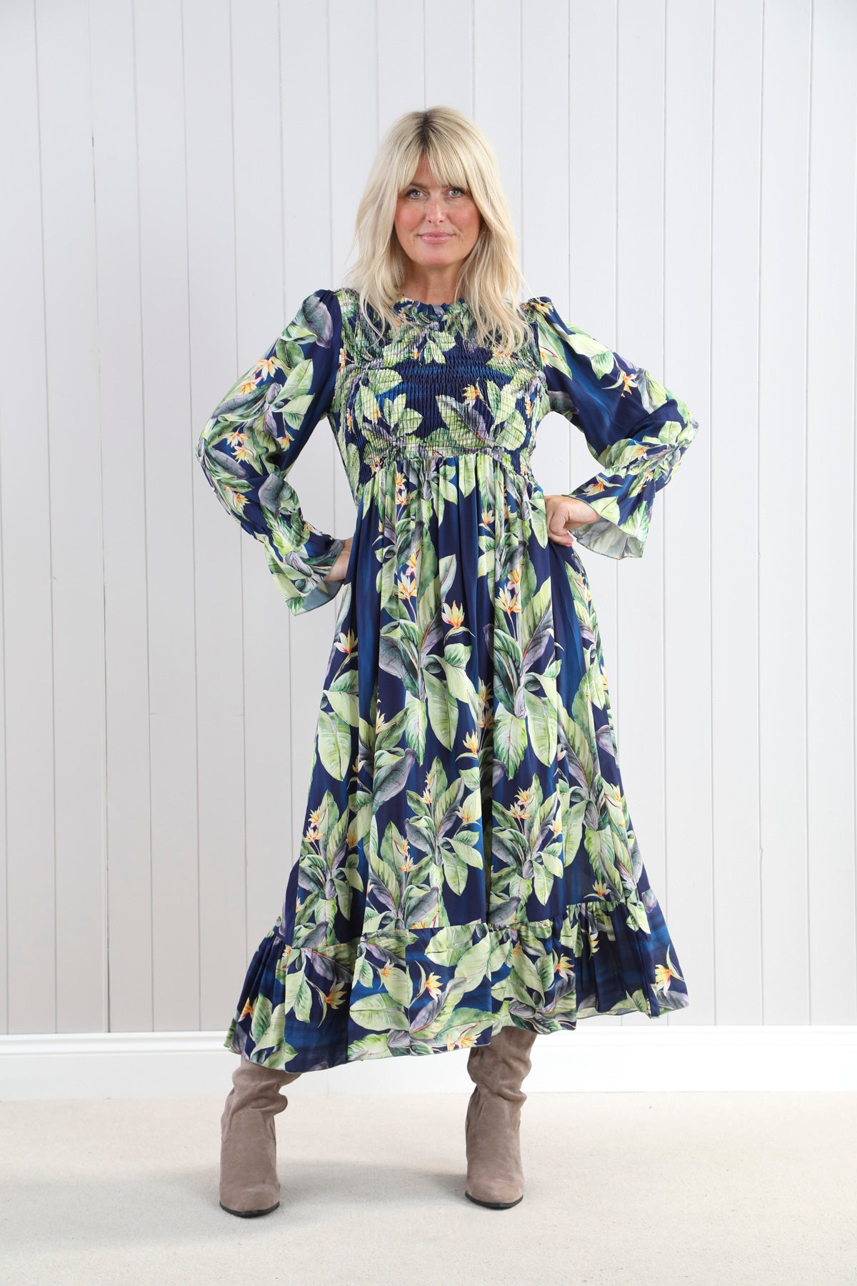 Shirred Leaf Print Dress - Flowy Summer Midi Dress with Elastic Waist, Perfect for Beach, Vacation & Casual Outings