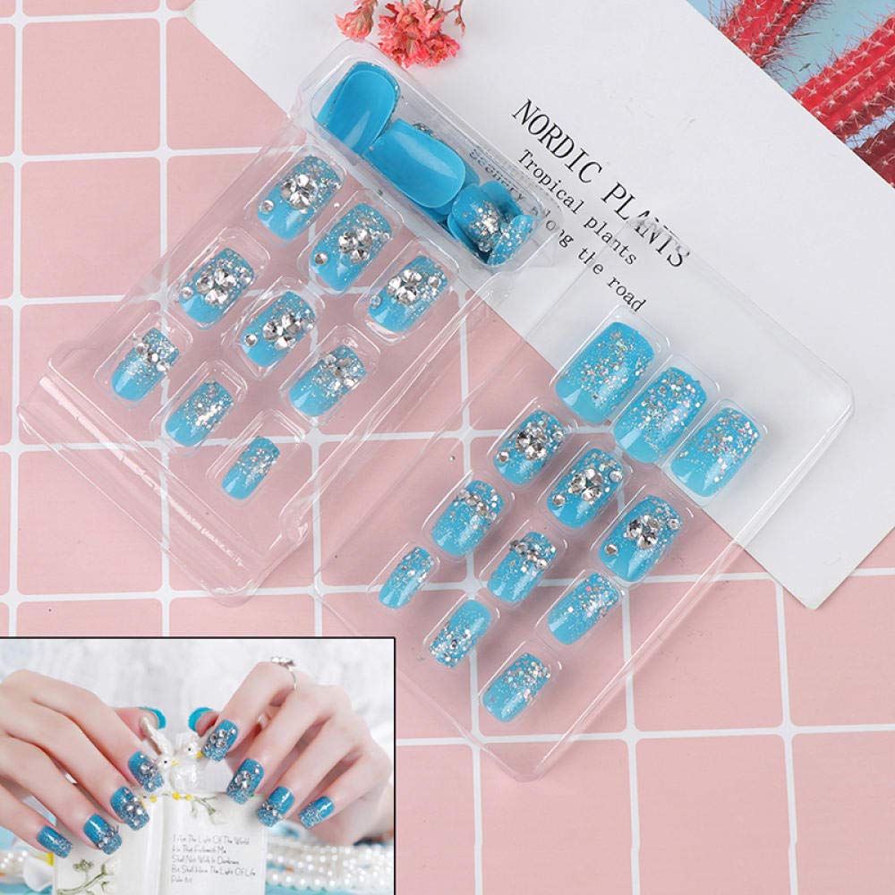 HUJL False Nails - Short Rhinestone Wedding Fake Nails for Bride, 3D Copper Blue Artificial Nail Tips with Full Wrap Design | Perfect for Bridal Showers, Weddings, and Special Occasions