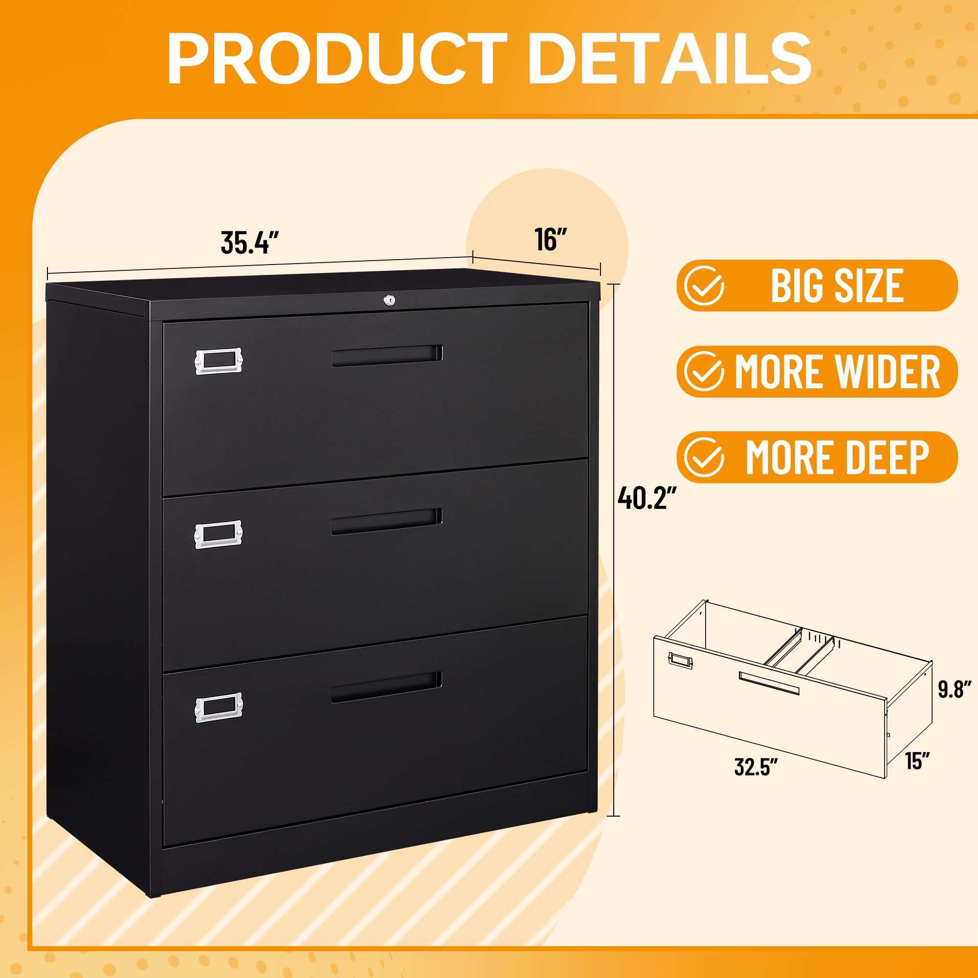 3-Drawer Lateral File Cabinet with Lock - Metal Filing Cabinet for Home Office, Legal/Letter & A4 Size Documents - Secure Storage for Files, Folders & Office Supplies (Ideal for Home, Office & Workspace Organization)