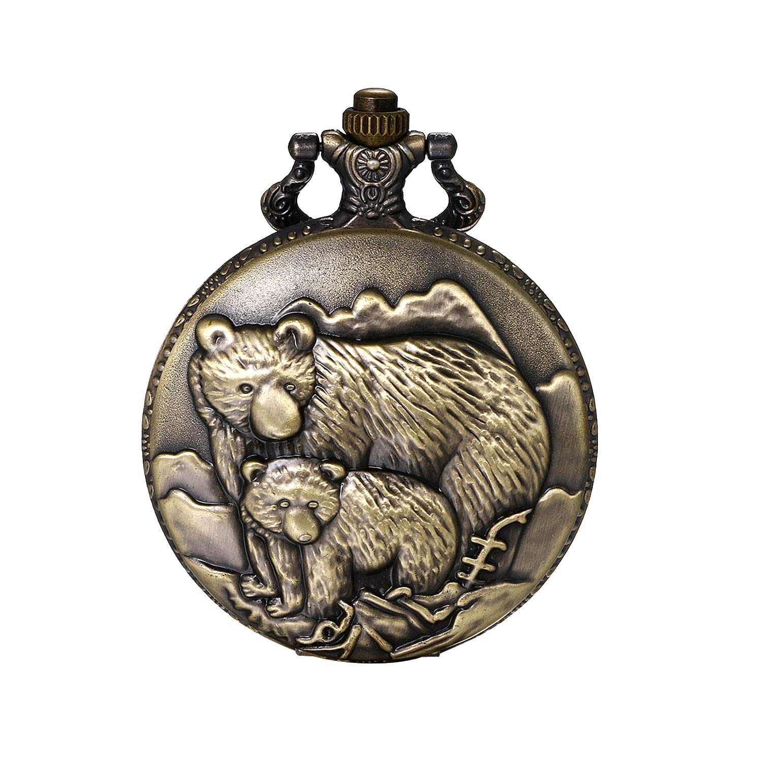 JewelryWe Men's Classic Vintage Pocket Watch - Bear Pattern Pendant Necklace Watch with Chain | Gift for Him, Steampunk Fashion Accessory, Collector's Item