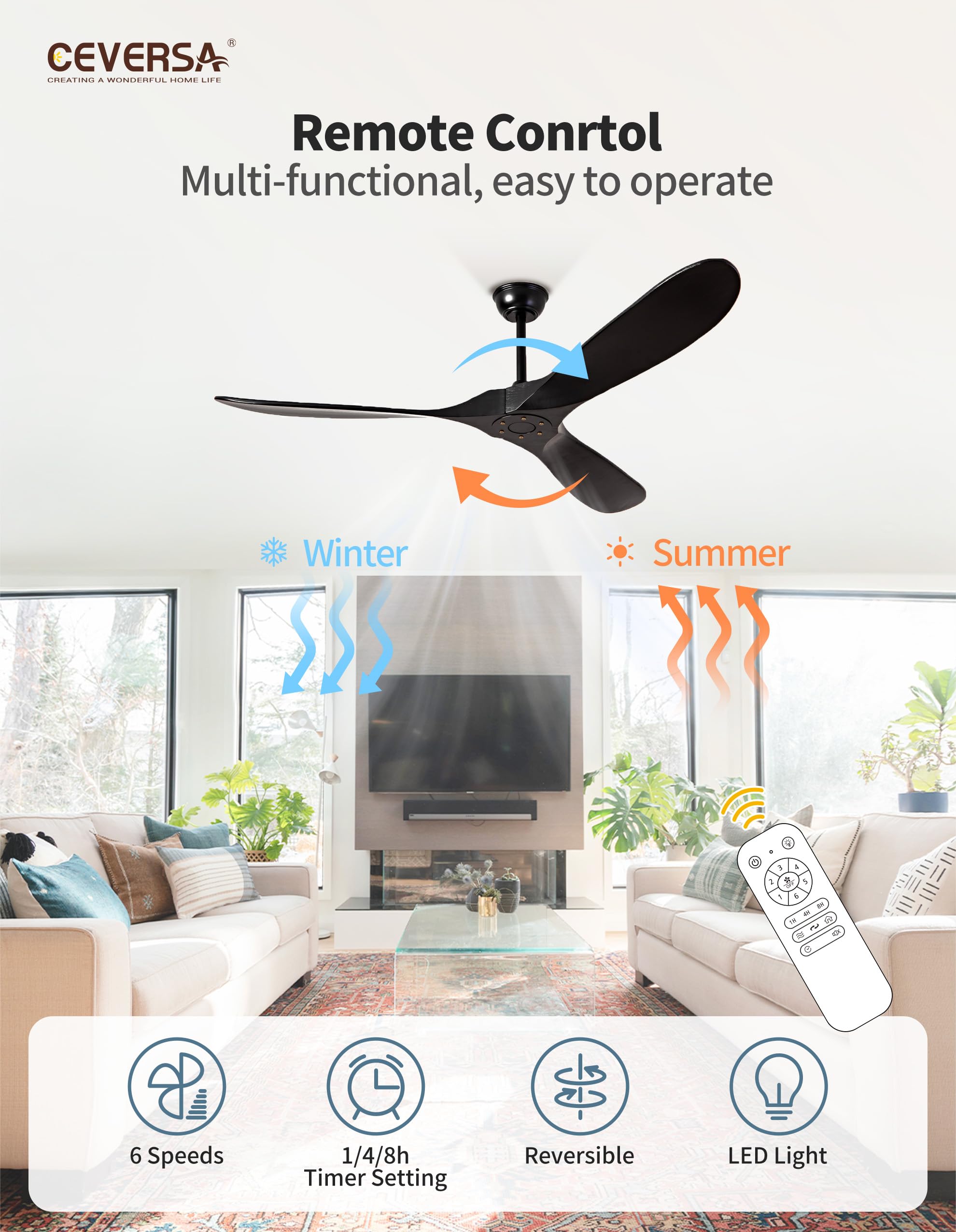 60 Inch Outdoor Solid Wood Ceiling Fan No Lights with Remote Control - Large Black Real Wood Ceiling Fan Without Lights, 3 Blades, Ultra Quiet - Perfect for Patio, Farmhouse, Living Room, Bedroom, and Office