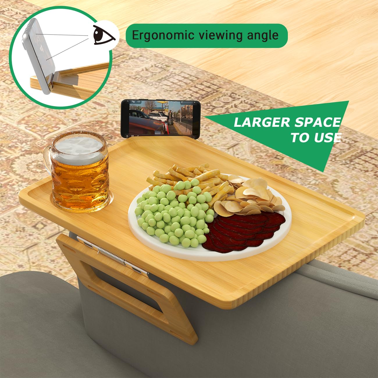Smatdecis Large Multi-Function Couch Arm Tray Table - Natural Wood Sofa Armrest Clip Table for Drinks, Food & Laptop - Perfect for Home, Office & Bedroom Use While Watching TV or Working