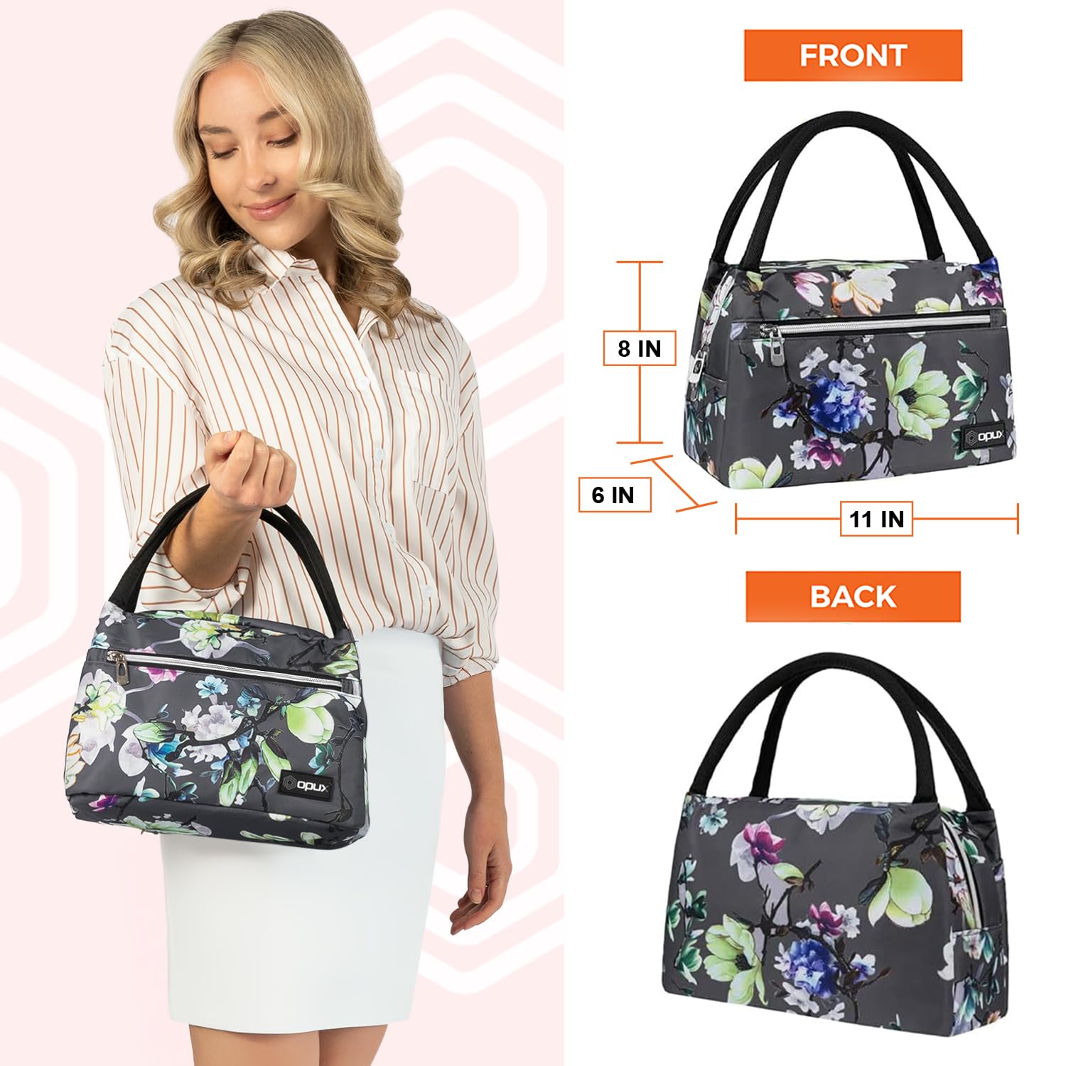 OPUX Insulated Lunch Bag for Women & Girls - Reusable Cooler Tote for Work, School, Travel & Picnic - Small Food Container Holds 11 Cans - Floral Gray Lunch Box | Perfect for Office Meals, Student Lunches & Outdoor Adventures