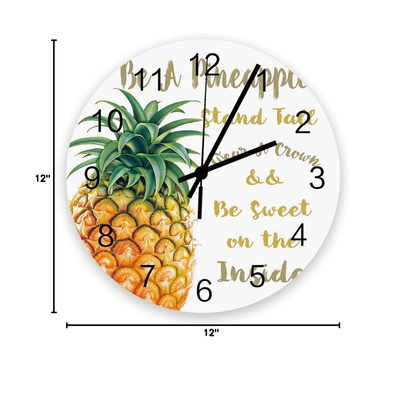 12 Inch Silent Non-Ticking Wooden Round Wall Clock with Pineapple Design and Inspirational Quotes - Battery Operated Home Decor for Kitchen, Bathroom, Living Room - Perfect for Farmhouse, Coastal, and Boho Style Interiors