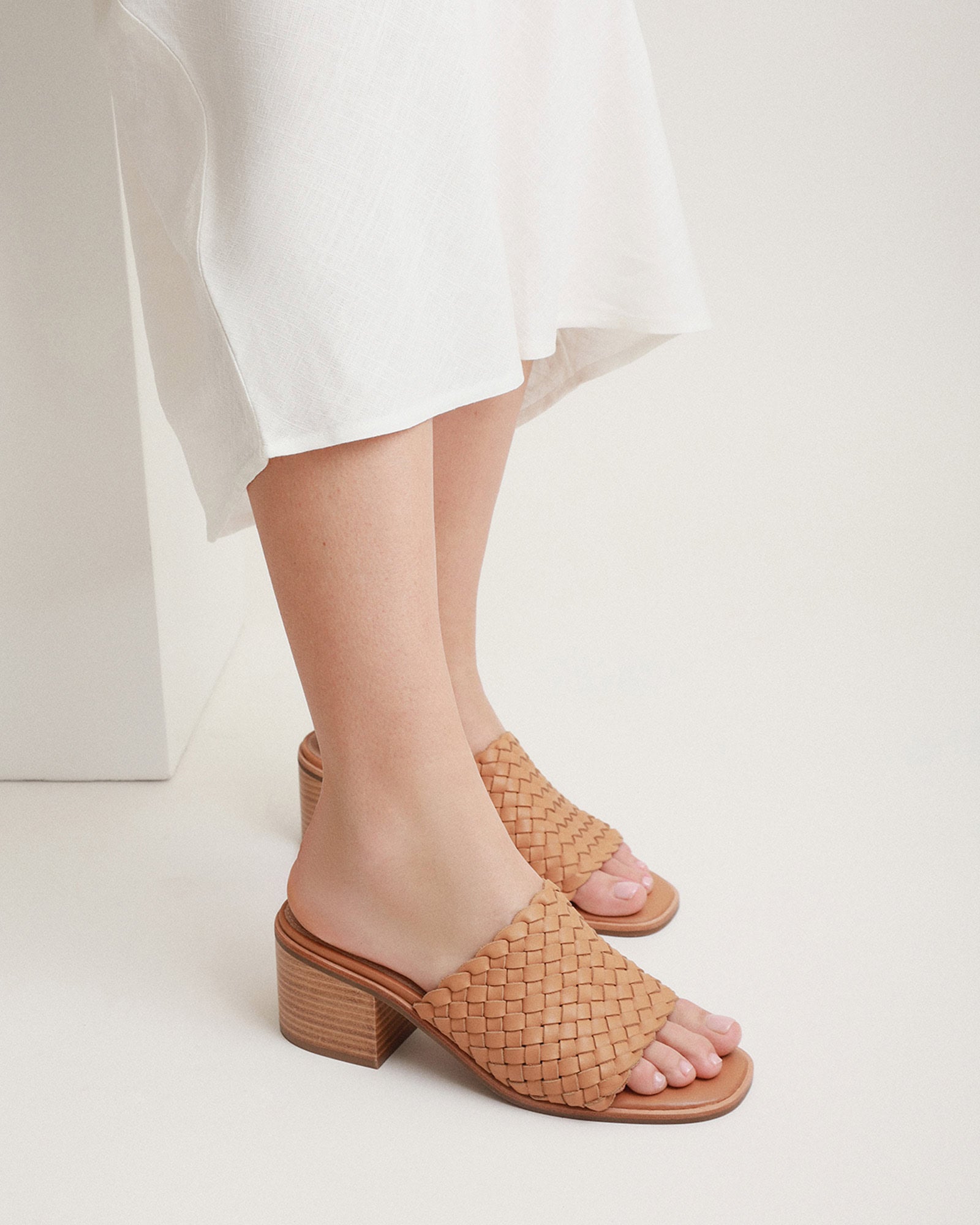WHALER Women's Mid Heel Sandals - Genuine Tan Leather Comfortable Summer Dress Shoes for Beach, Wedding & Casual Outings