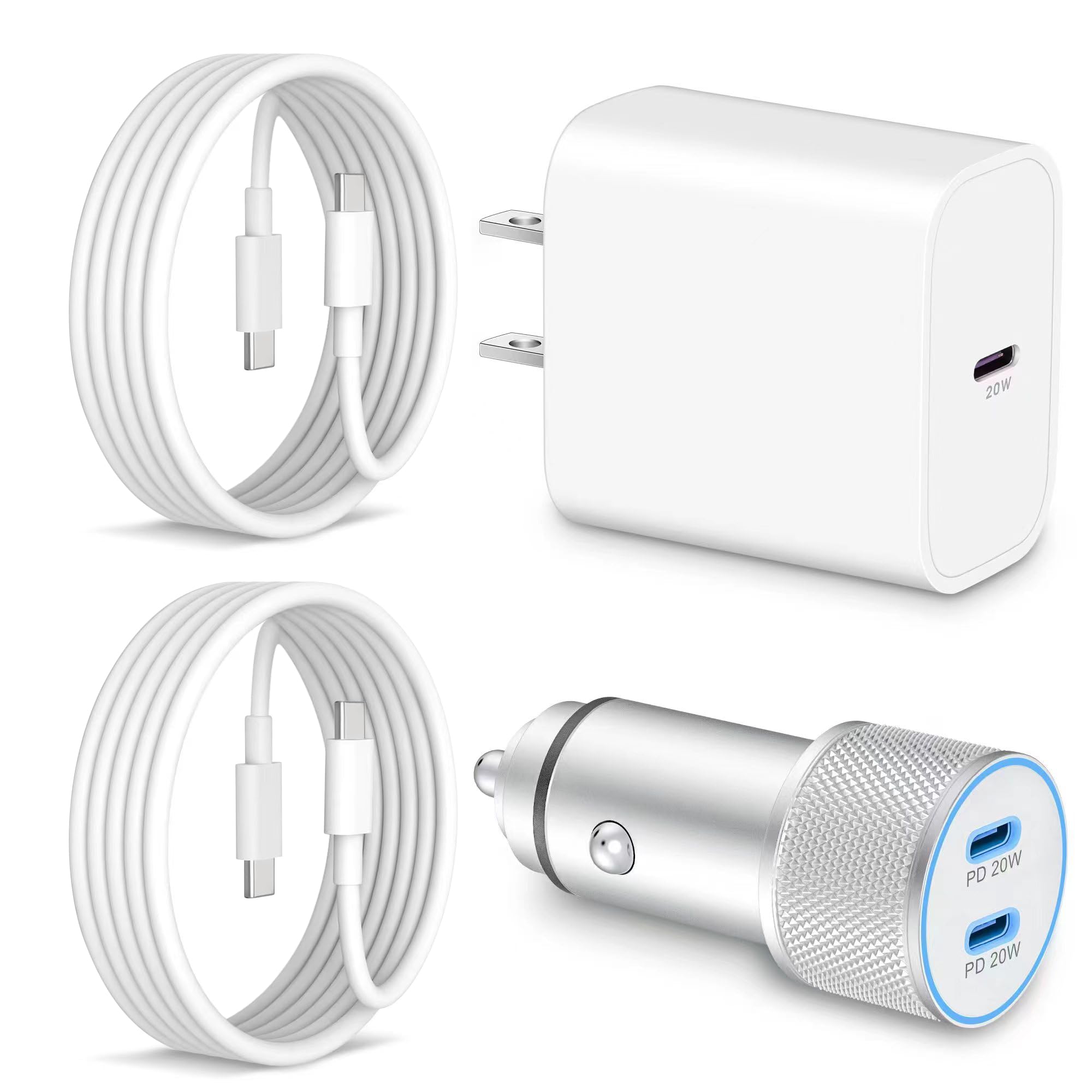 20W USB C Car Charger & 40W Dual USB-C Fast Charging Block with 2-Pack 3FT Cables - Compatible with iPhone 16/16e/15 Pro Max/Plus, iPad, Pixel, Samsung & Android - Perfect for Road Trips & Daily Commutes