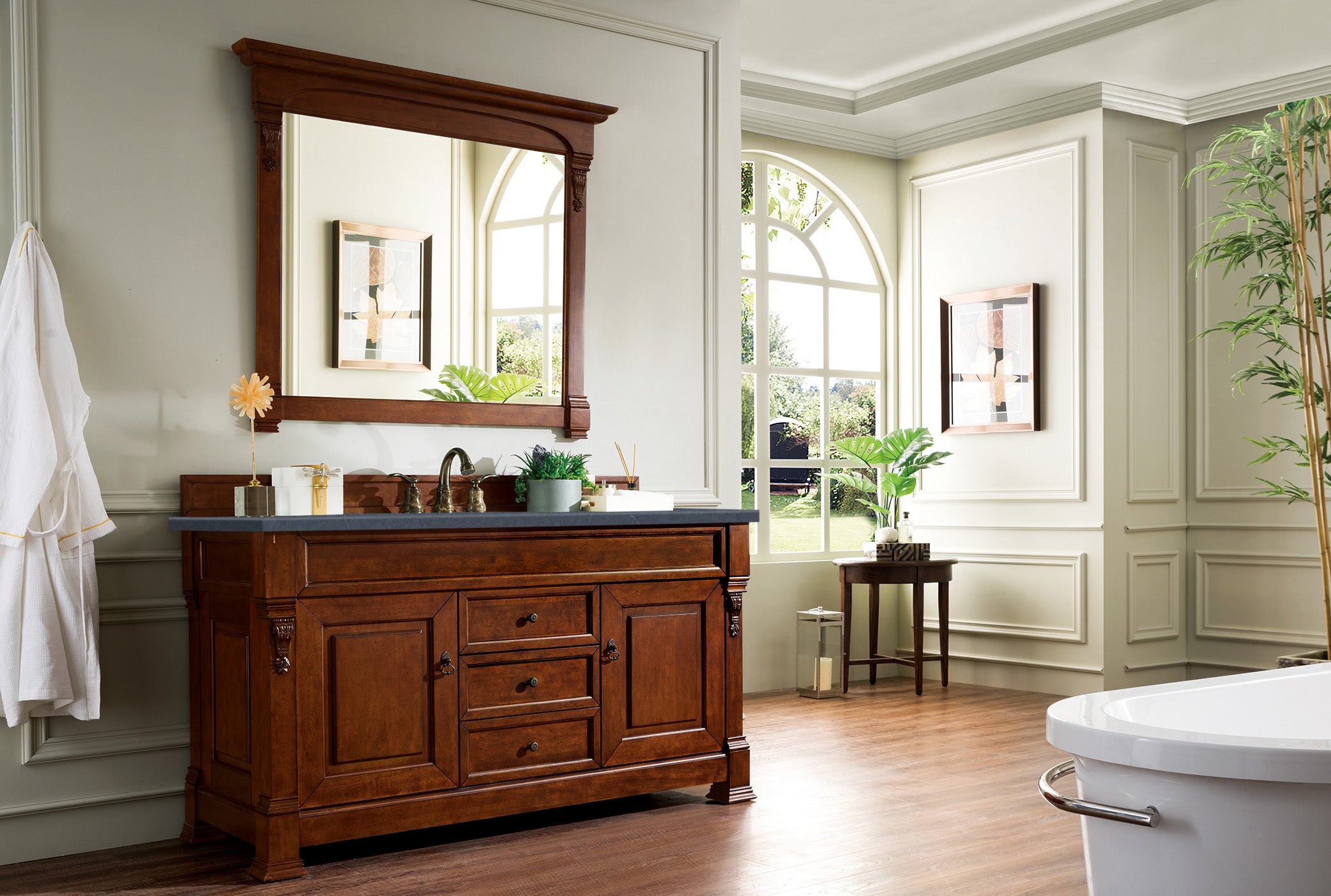 Brookfield 60-Inch Single Bathroom Vanity in Warm Cherry with 3CM Charcoal Soapstone Quartz Countertop - Perfect for Modern Master Bathrooms and Powder Rooms