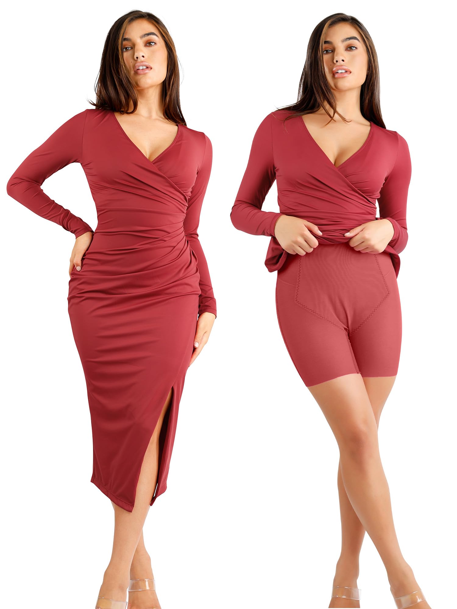 Popilush Shapewear Dress for Women - V Neck Formal Wedding Midi Dress with Built-in Shapewear, Long Sleeve Bodycon Dress for Special Occasions & Evening Events
