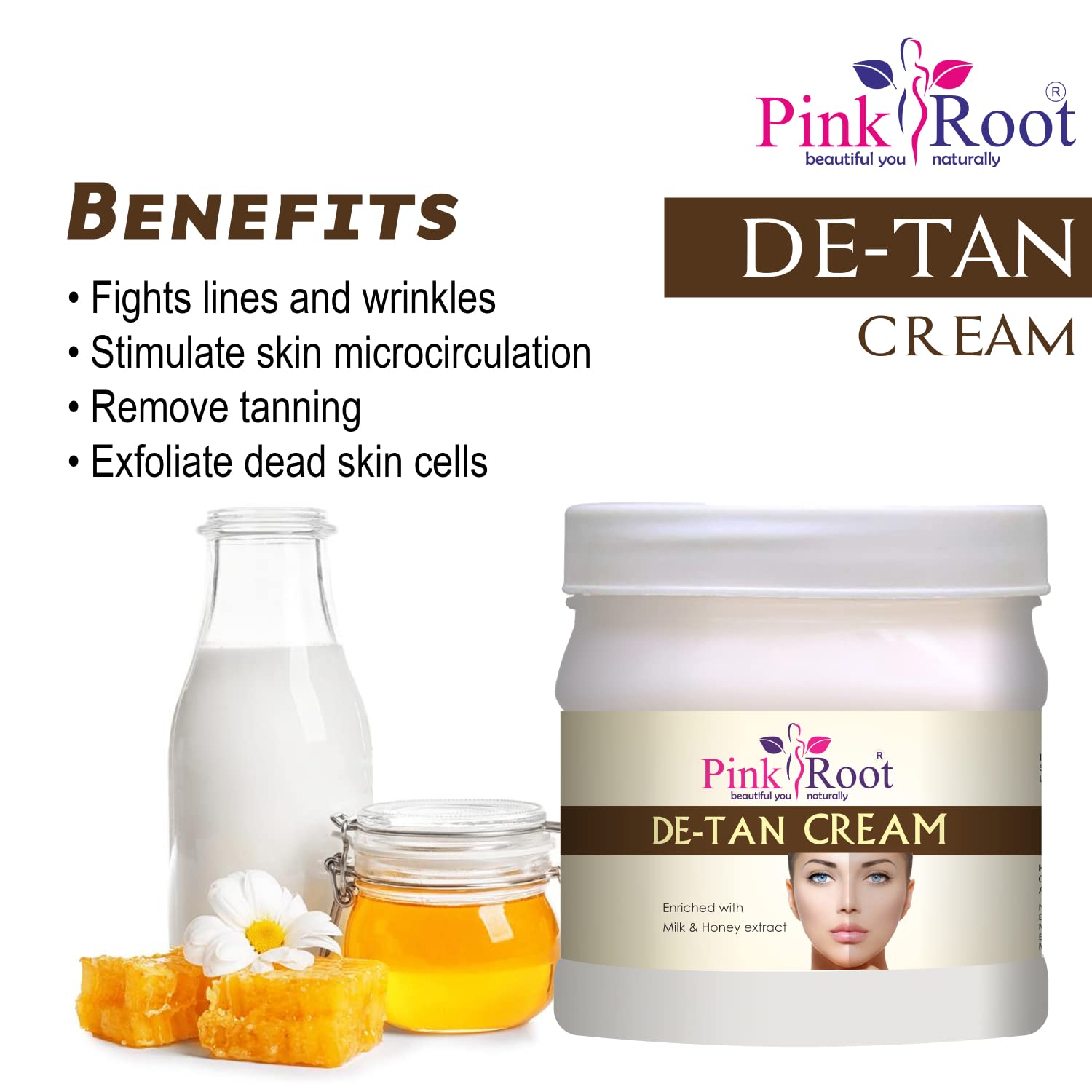 Pink Root DE-TAN Cream with Milk & Honey Extract - 500gm Brightening Face Cream for Dark Spots & Sun Tan Removal - Perfect for Daily Skincare & Post-Sun Care